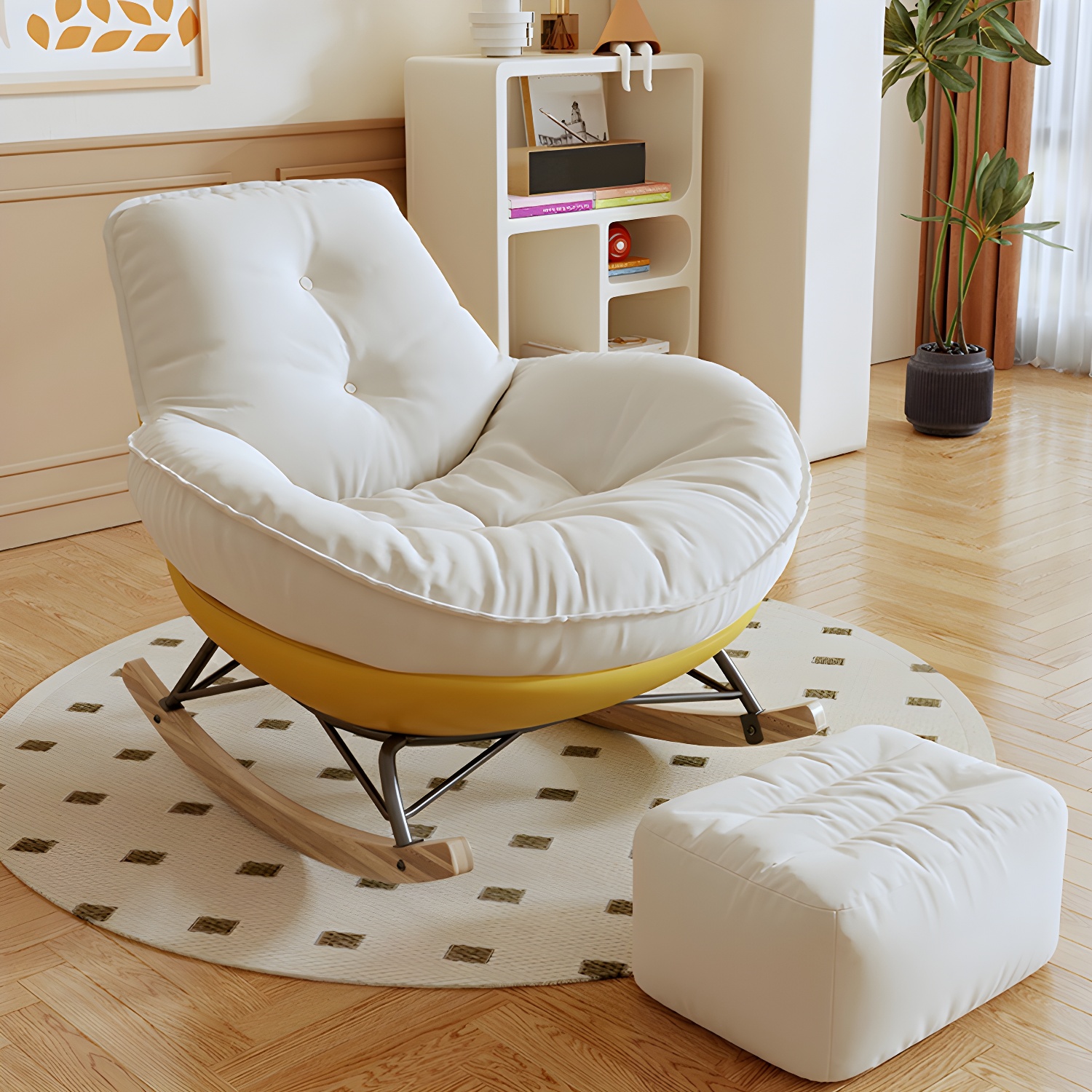 Indoor Contemporary Rocking Chair with Beige Upholstered and Wood Legs - image 8