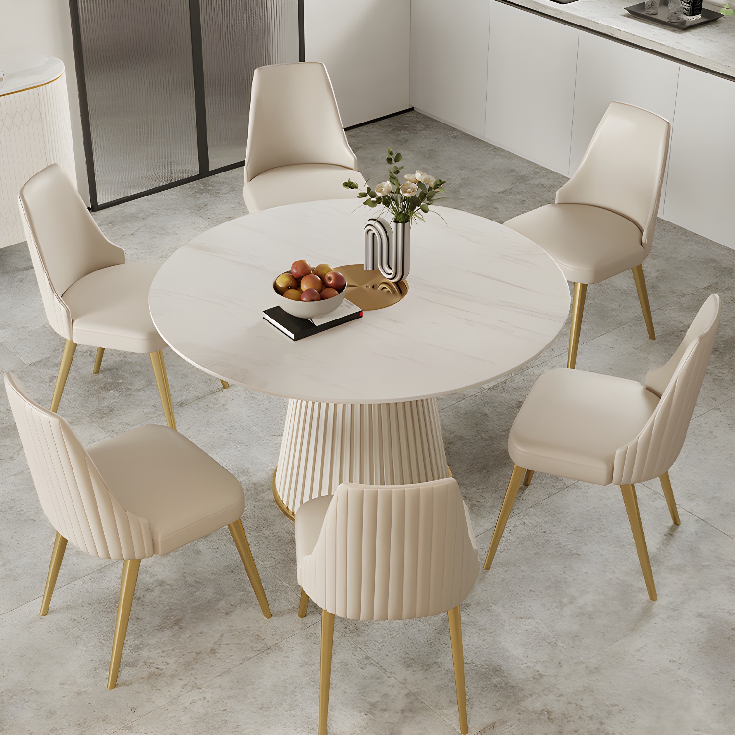 Stone Top Dining Table Round Table with Wood Pedestal Base in White - image 6
