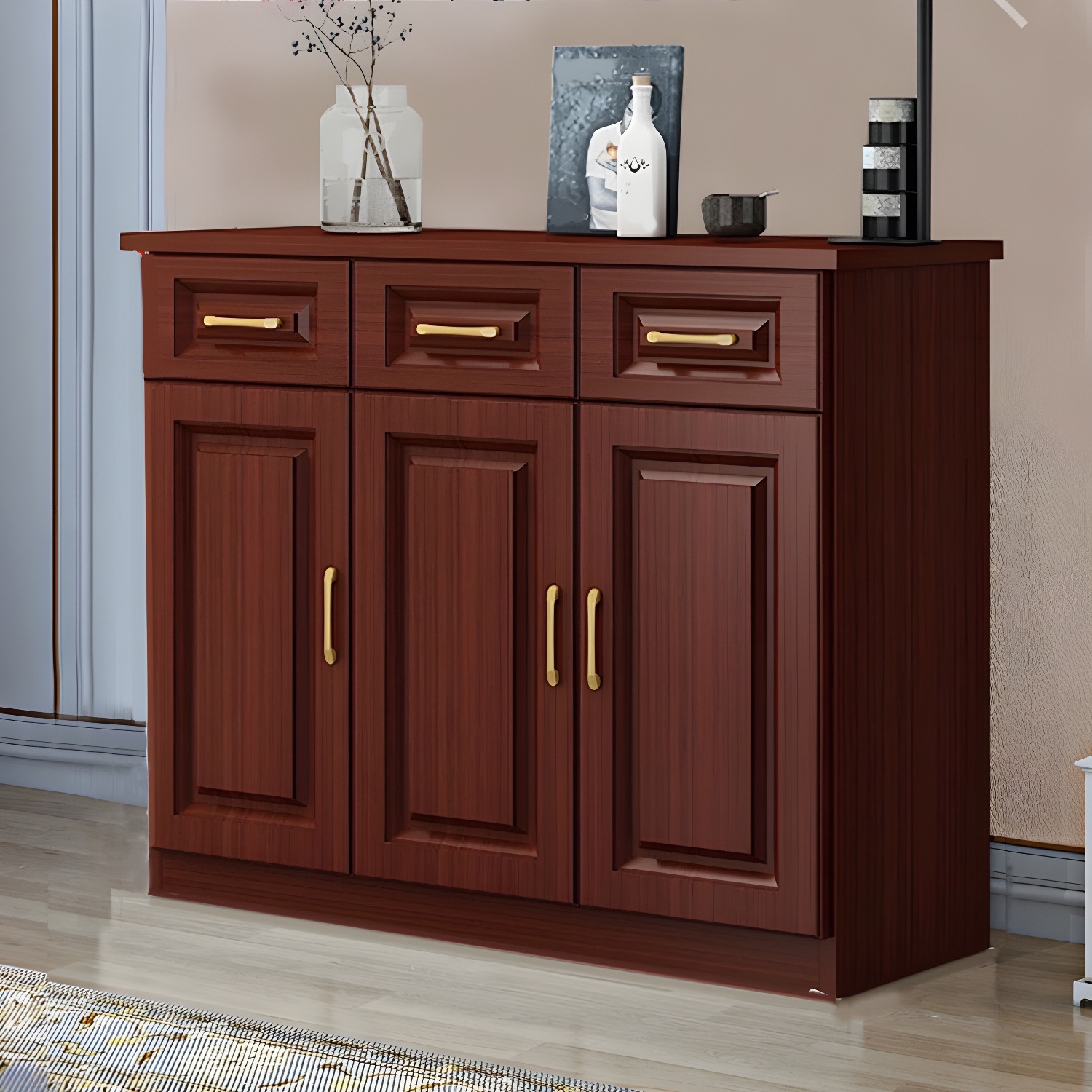 Modern Wood Buffet Sideboard with Cabinets, Drawers, and Shelves - No Distressing