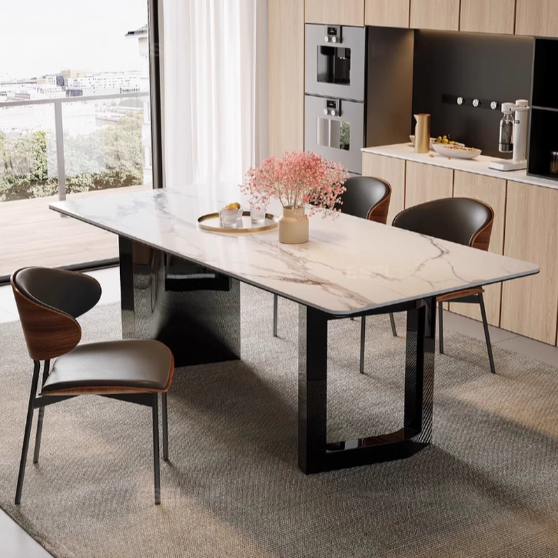 Dining Table Set with Slate Stone Top, Two-sided Pedestal, Padded Chair, Back, for 6 People/4 People in White
