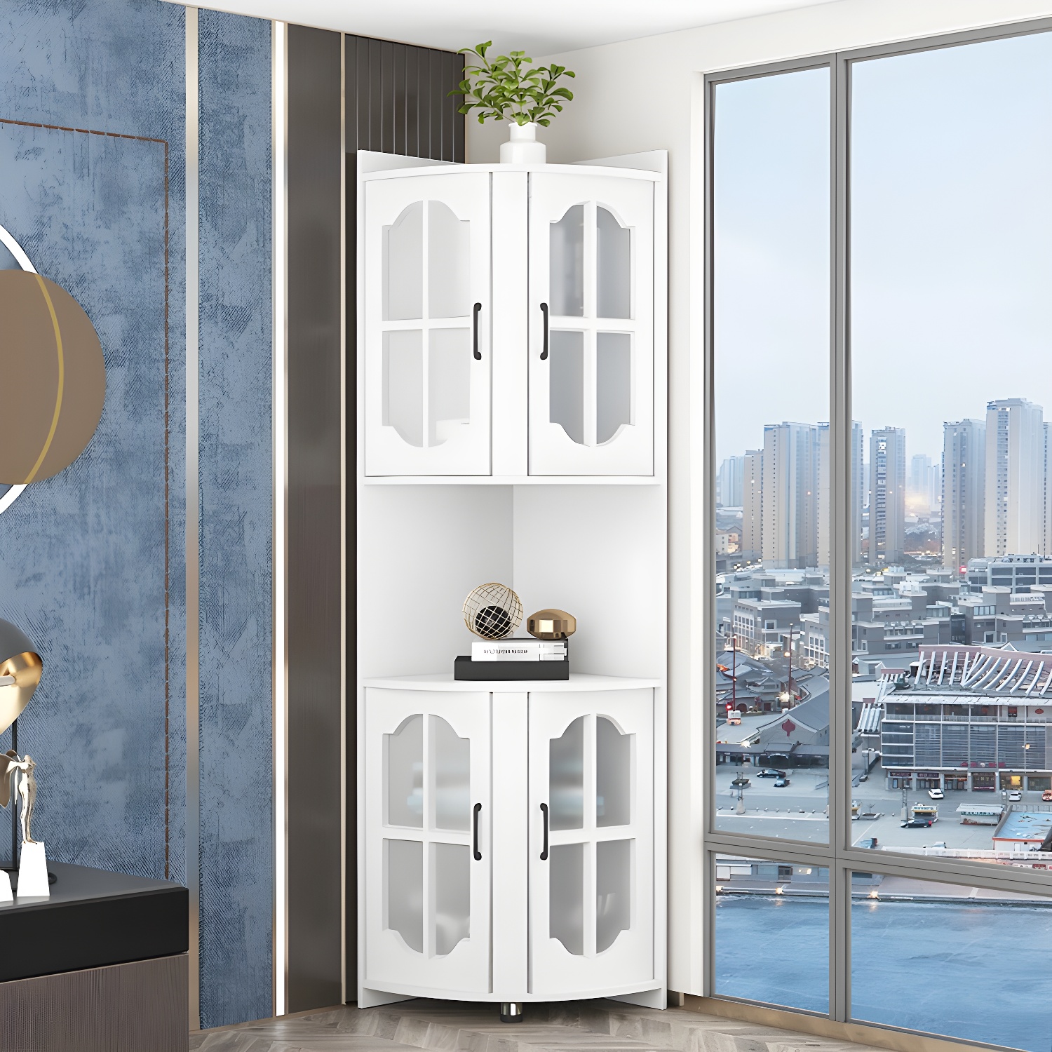 Corner Modern Glass Door Accent Cabinet with Wood Base and 2 Exterior Shelves - image 4