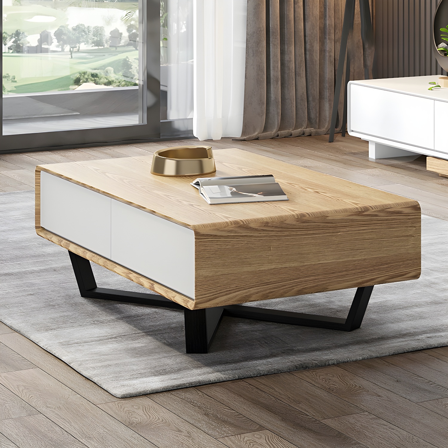 Rectangular Wood Modern Coffee Table with Black Metal Cross Legs and Storage Drawers - image 4