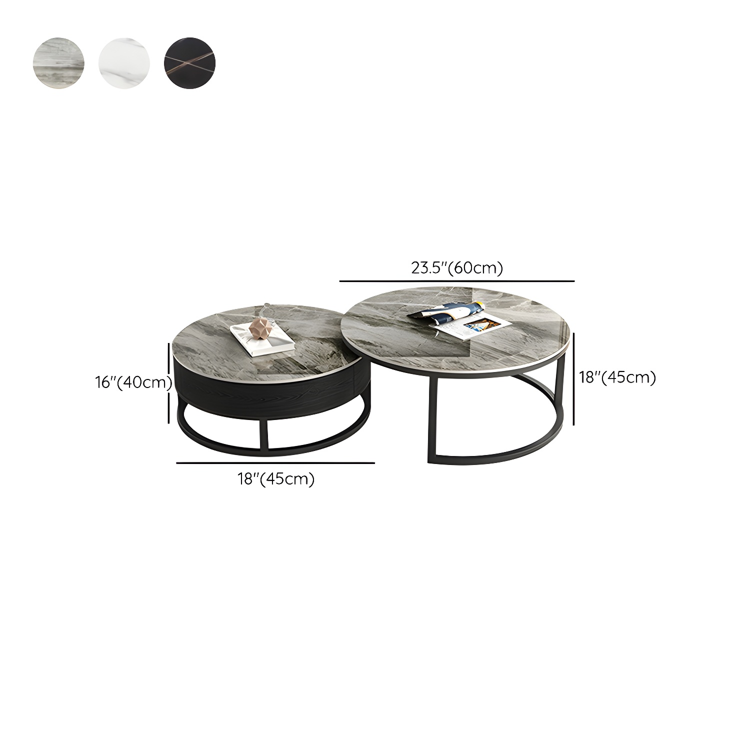 Set of 2 Round Stone Top Modern Nesting Tables with Black Metal Frames and Drawers Included - image 13