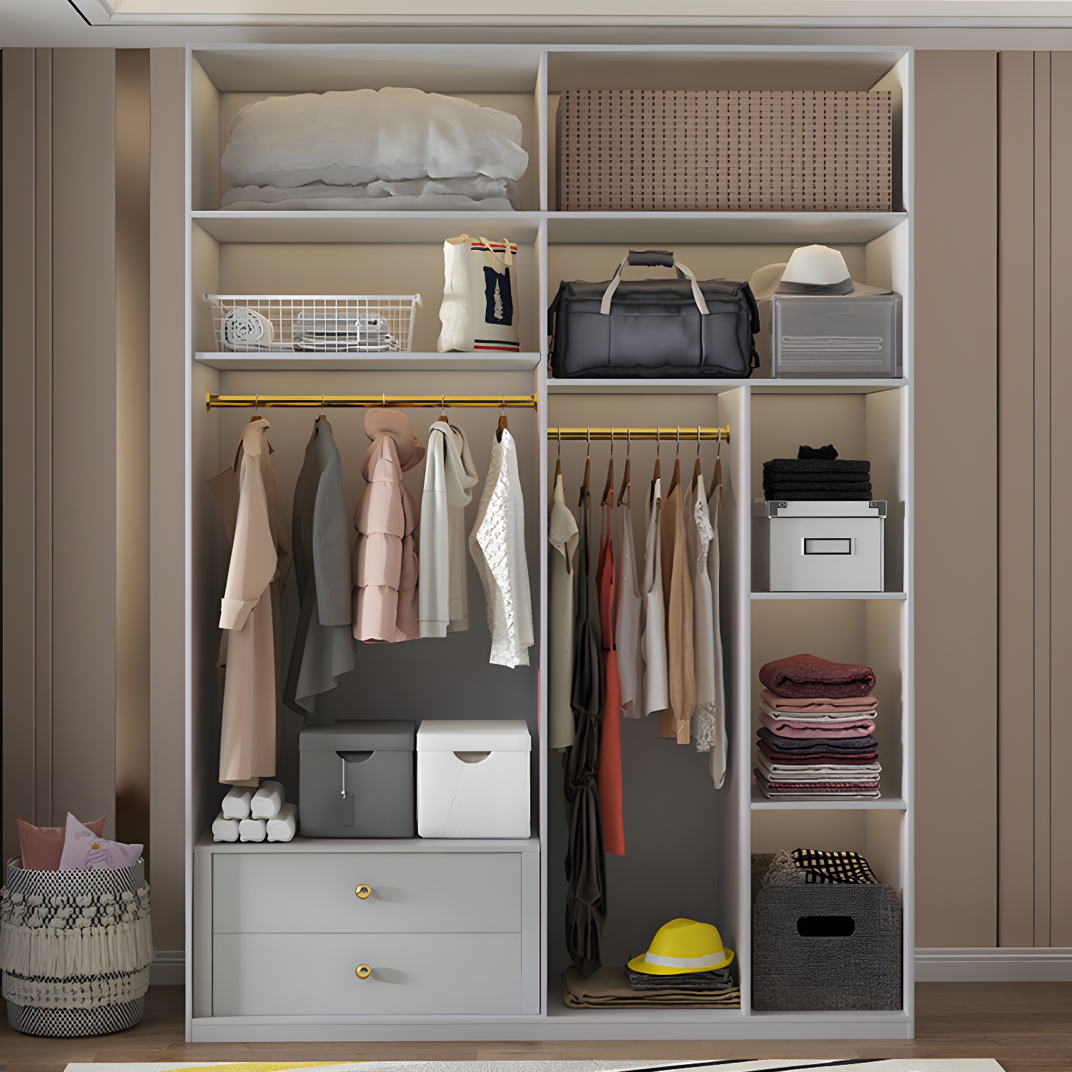 Contemporary Wooden Wardrobe Armoire with Shelves and Garment Rod - image 15