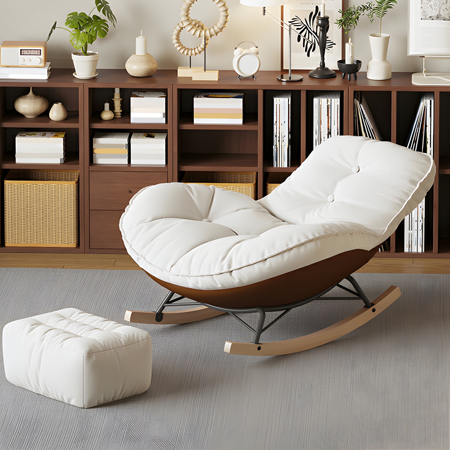 Contemporary Upholstered Rocking Chair with White Tufted Flannel Cushion and Solid Wood Legs - image 17