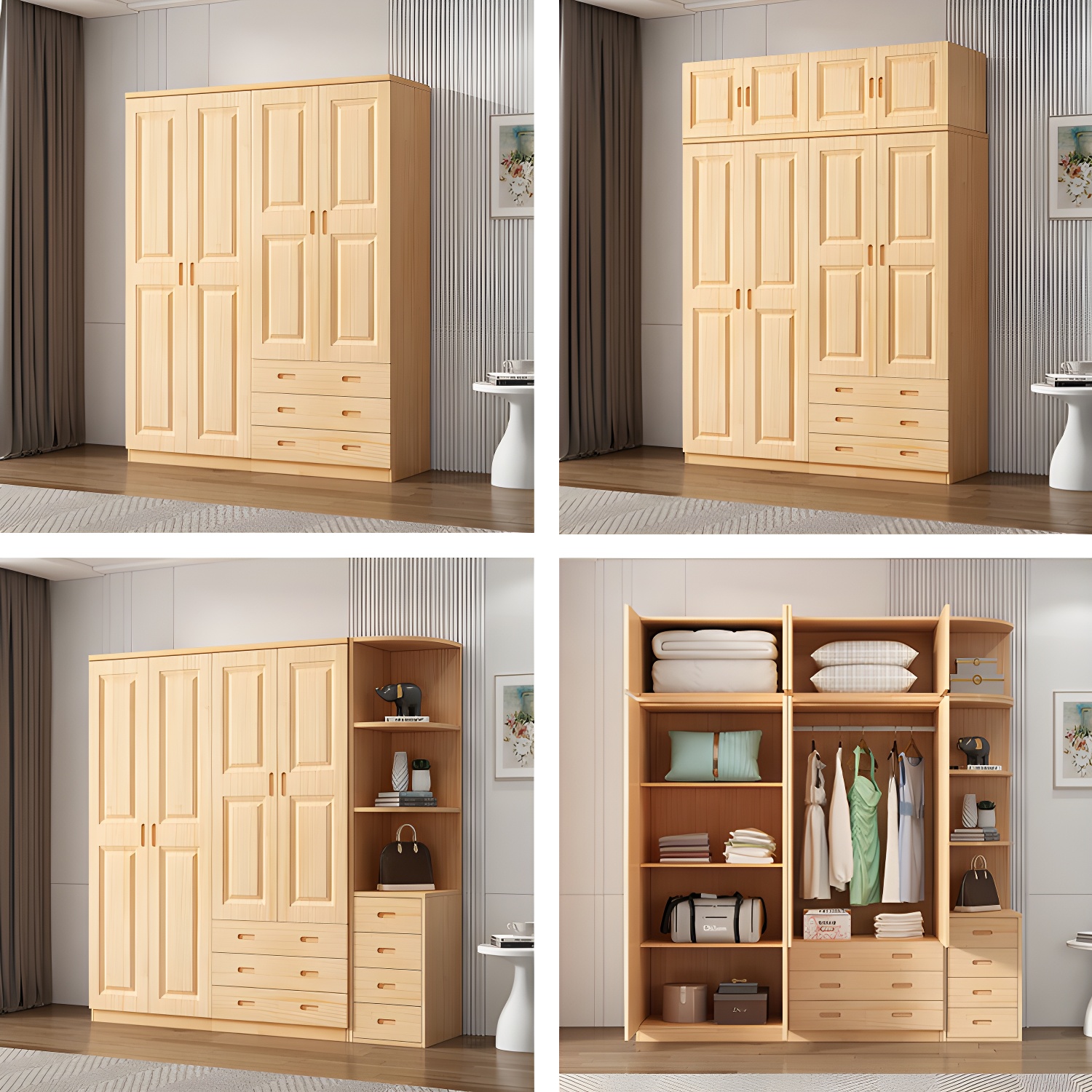 Modern Natural Pine Wardrobe Armoire with Drawers and Clothing Rod - image 14