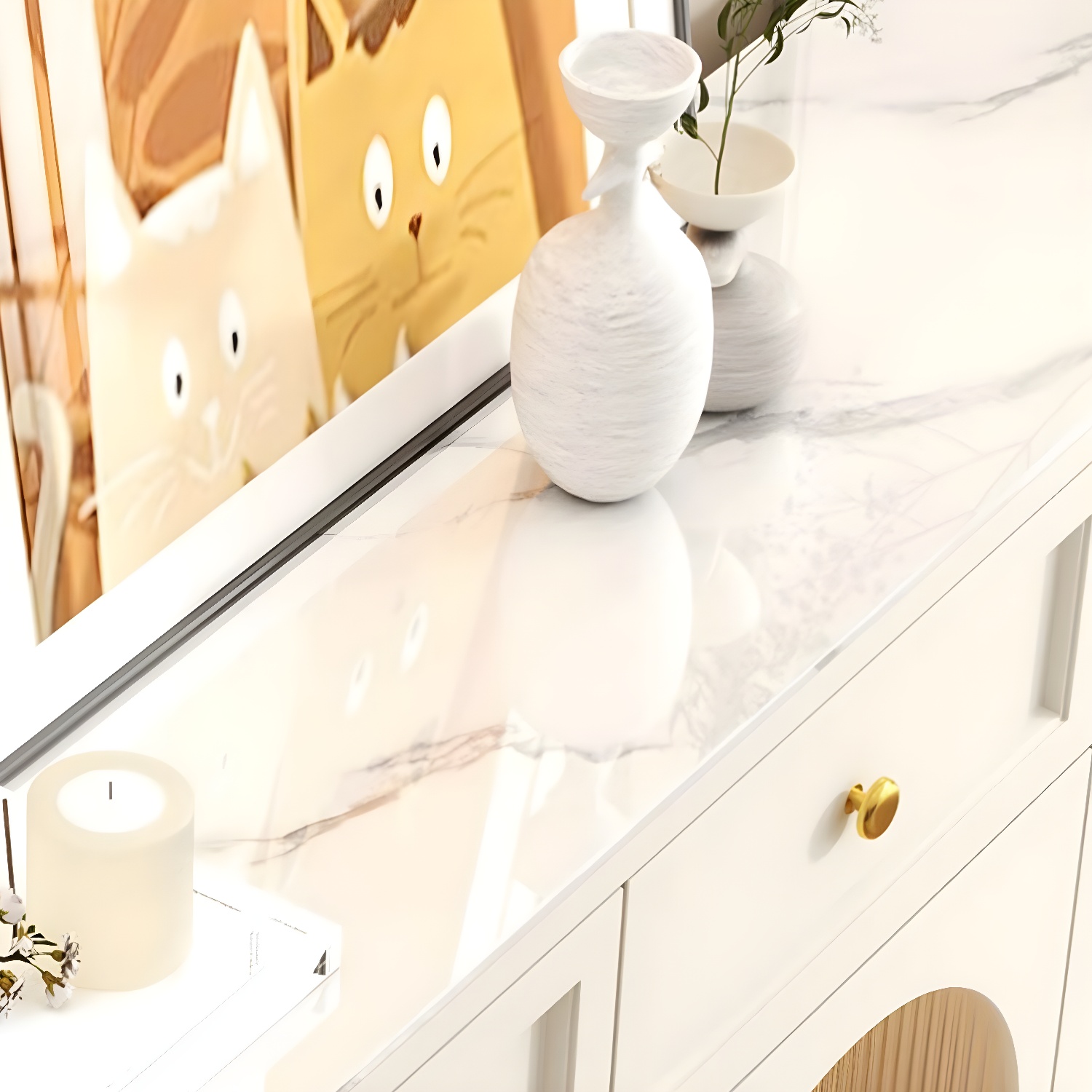 Scandinavian Wood Buffet Sideboard with Stone Countertop and Glass Doors - image 7