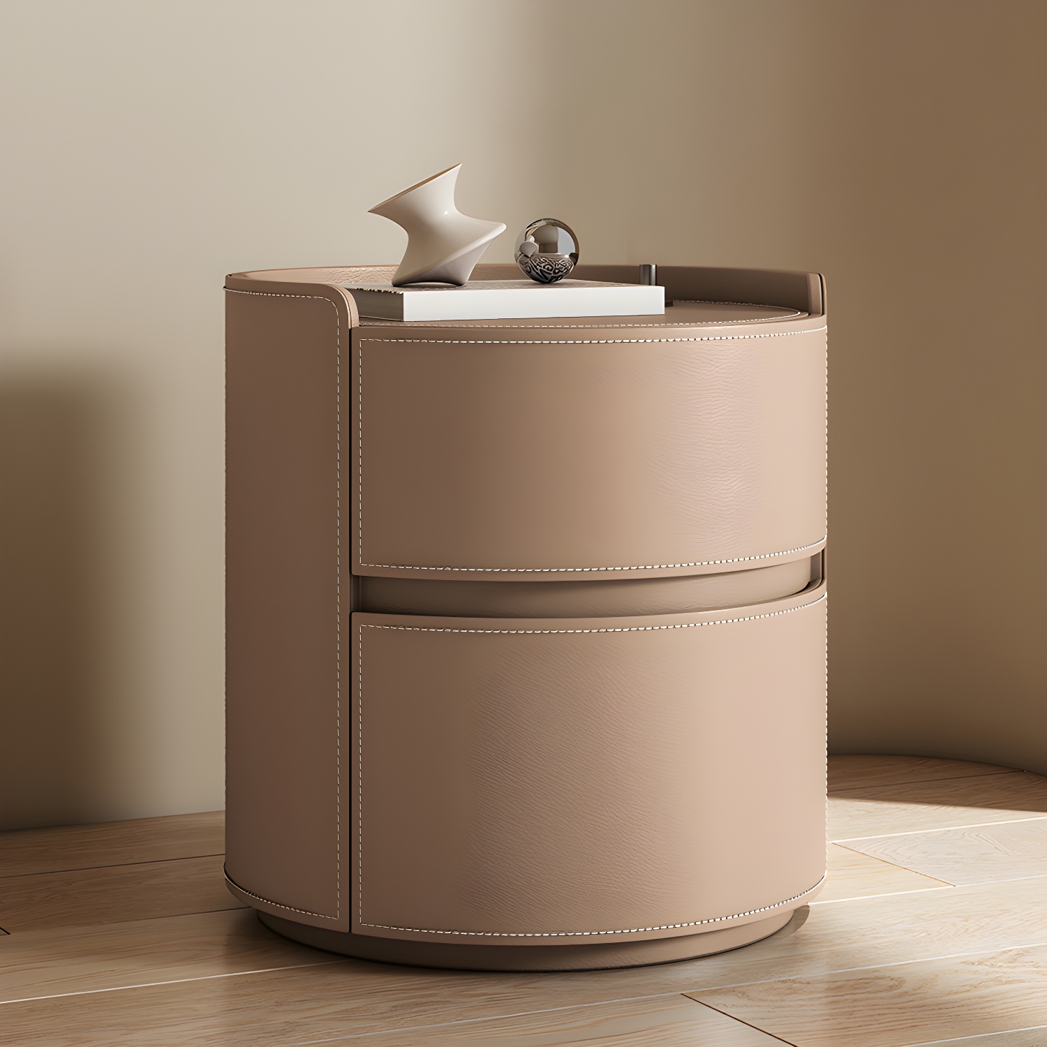 Modern Faux Leather Nightstand with 2 Drawers in Light Wood Tone - image 5