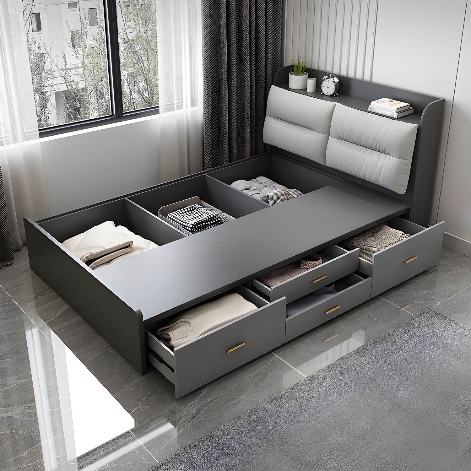 Scandinavian Low Profile Bed with Headboard Upholstered Bed with Drawers - image 5