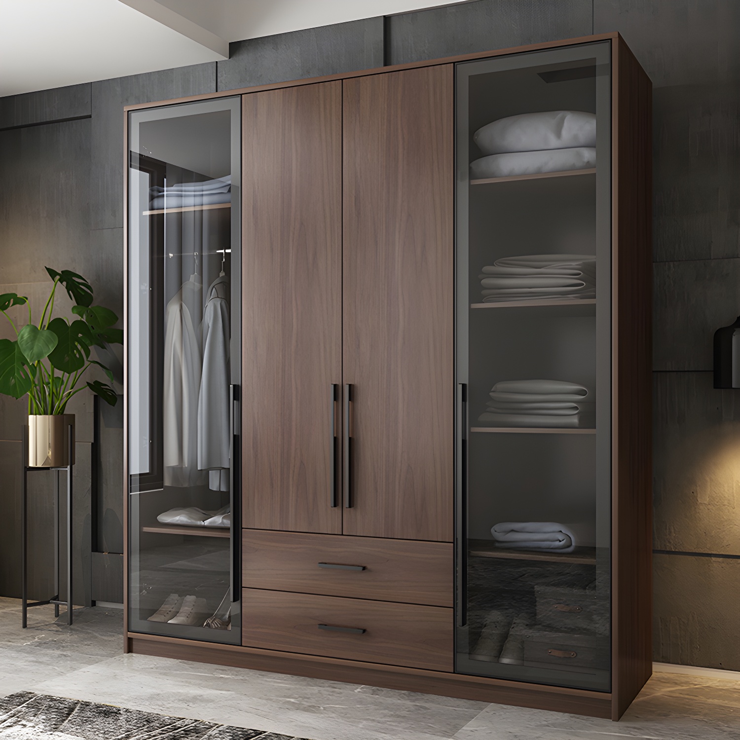 Brown Wood Wardrobe Armoire Modern Freestanding Wardrobe with Self Close Drawers - image 12