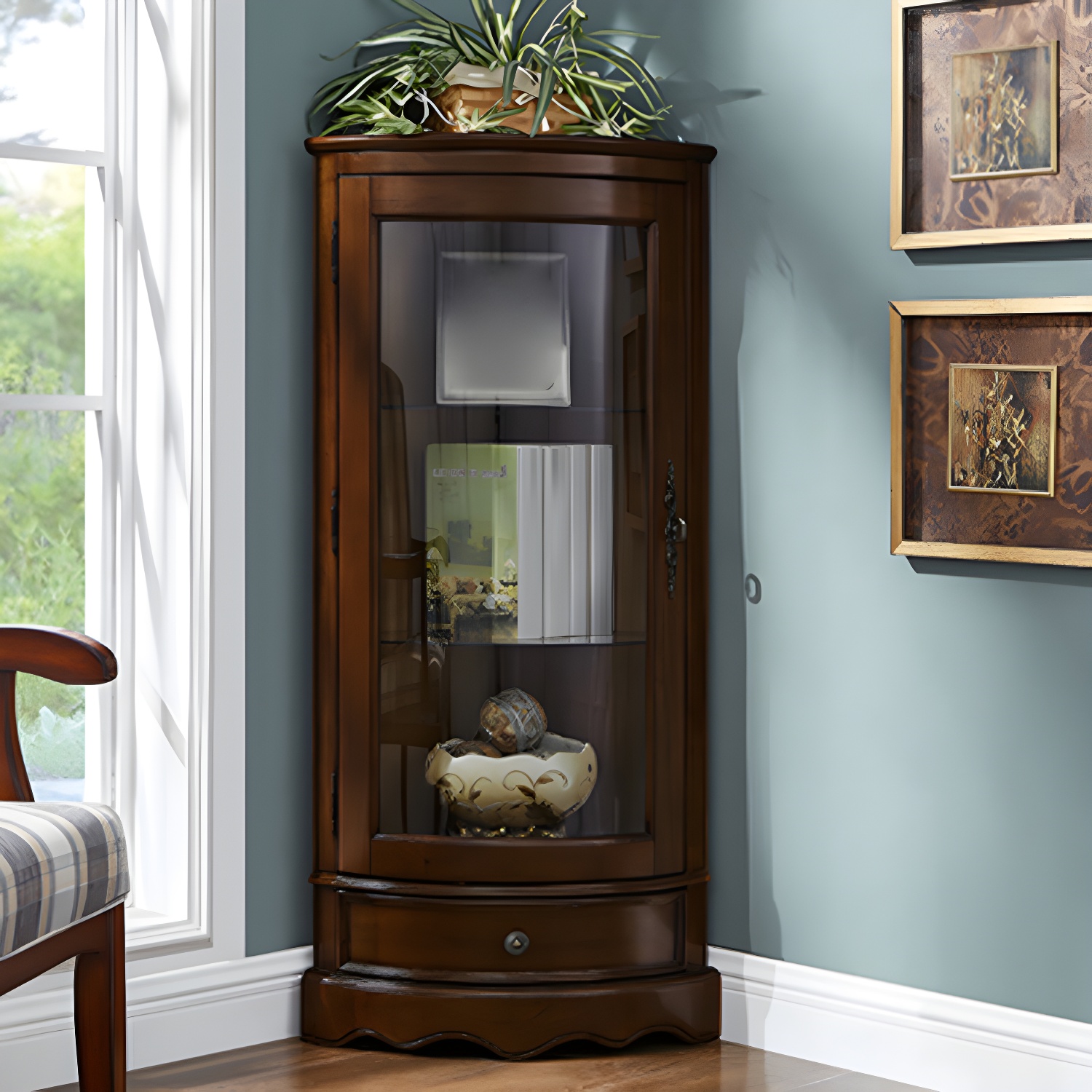 Industrial Triangle Accent Cabinet Solid Wood Storage Cabinet with Glass Doors