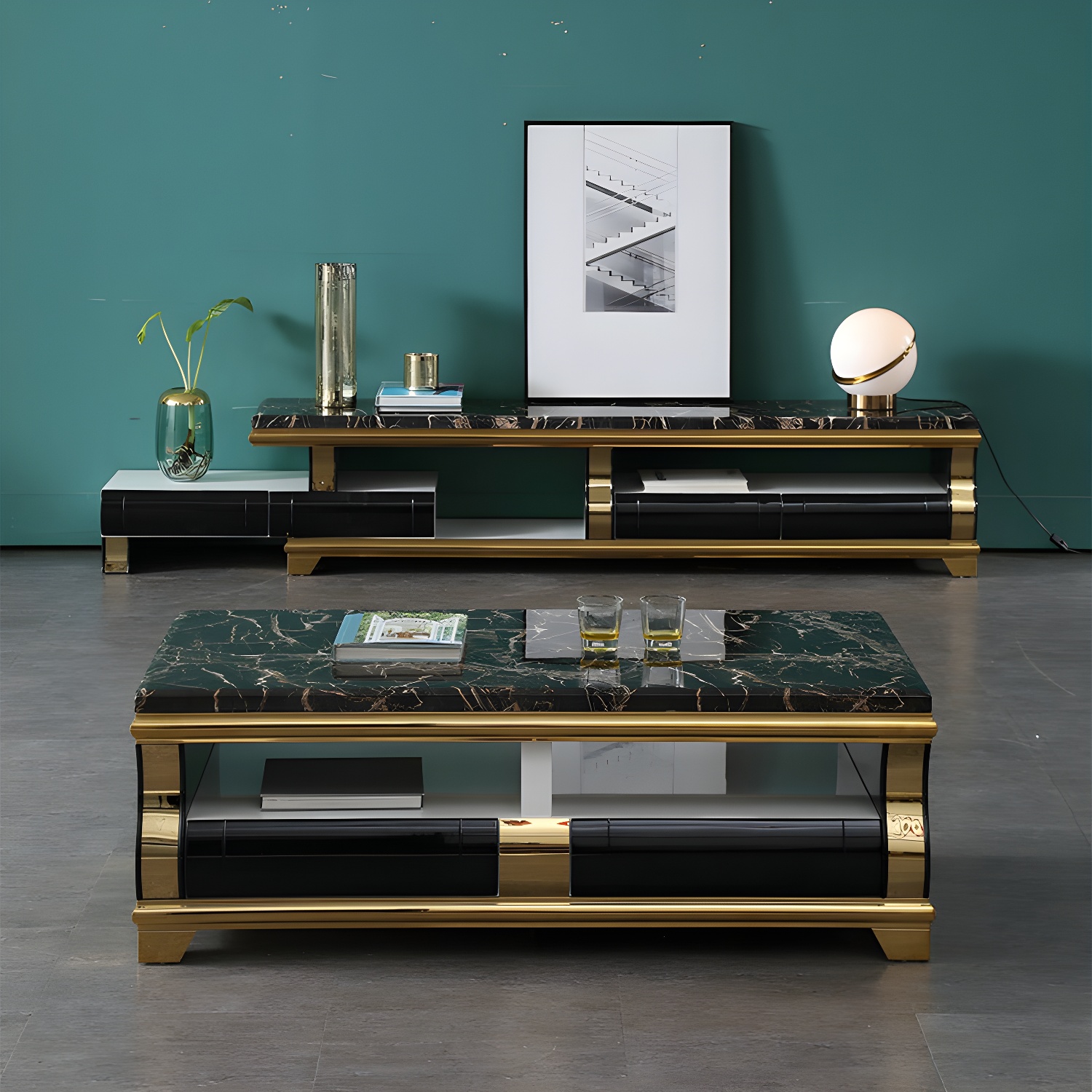 Marble Coffee or End Table with Storage Drawers Rectangle Block