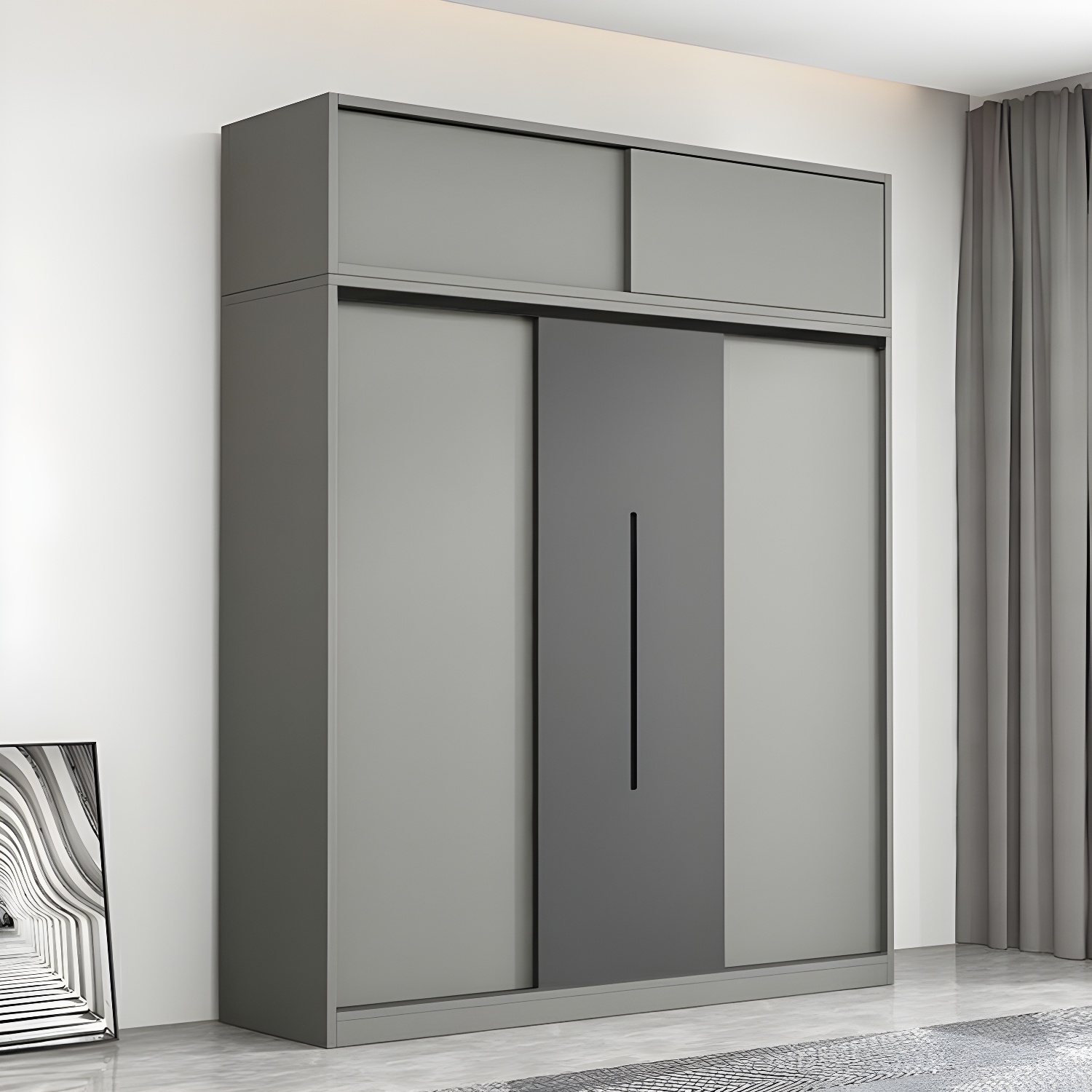 Contemporary Wood Grey Cloth Rod Included Wardrobe with Shelves - image 3