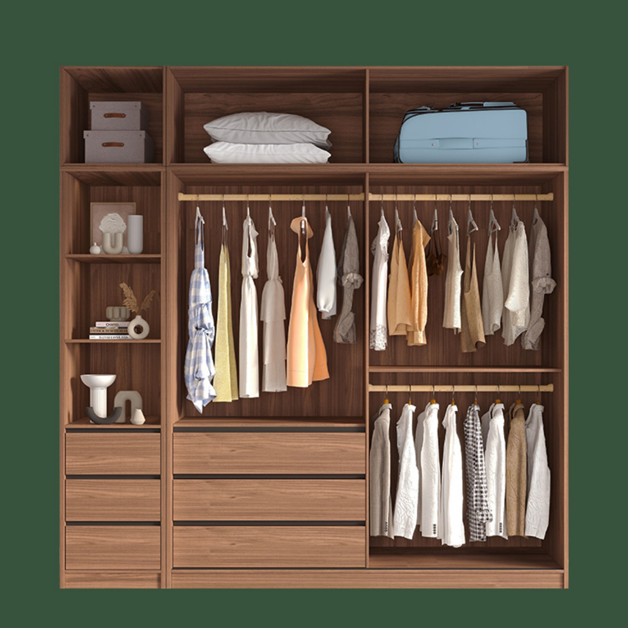 Modern Freestanding Wardrobe Brown Wood Wardrobe Armoire with Drawers - image 9