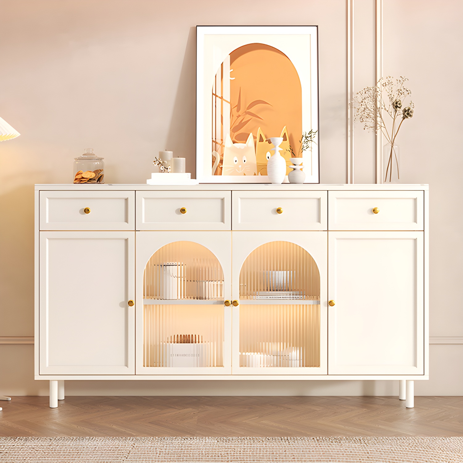 Wooden Buffet Server with Stone Countertop, Glass Doors, and Drawers - image 7