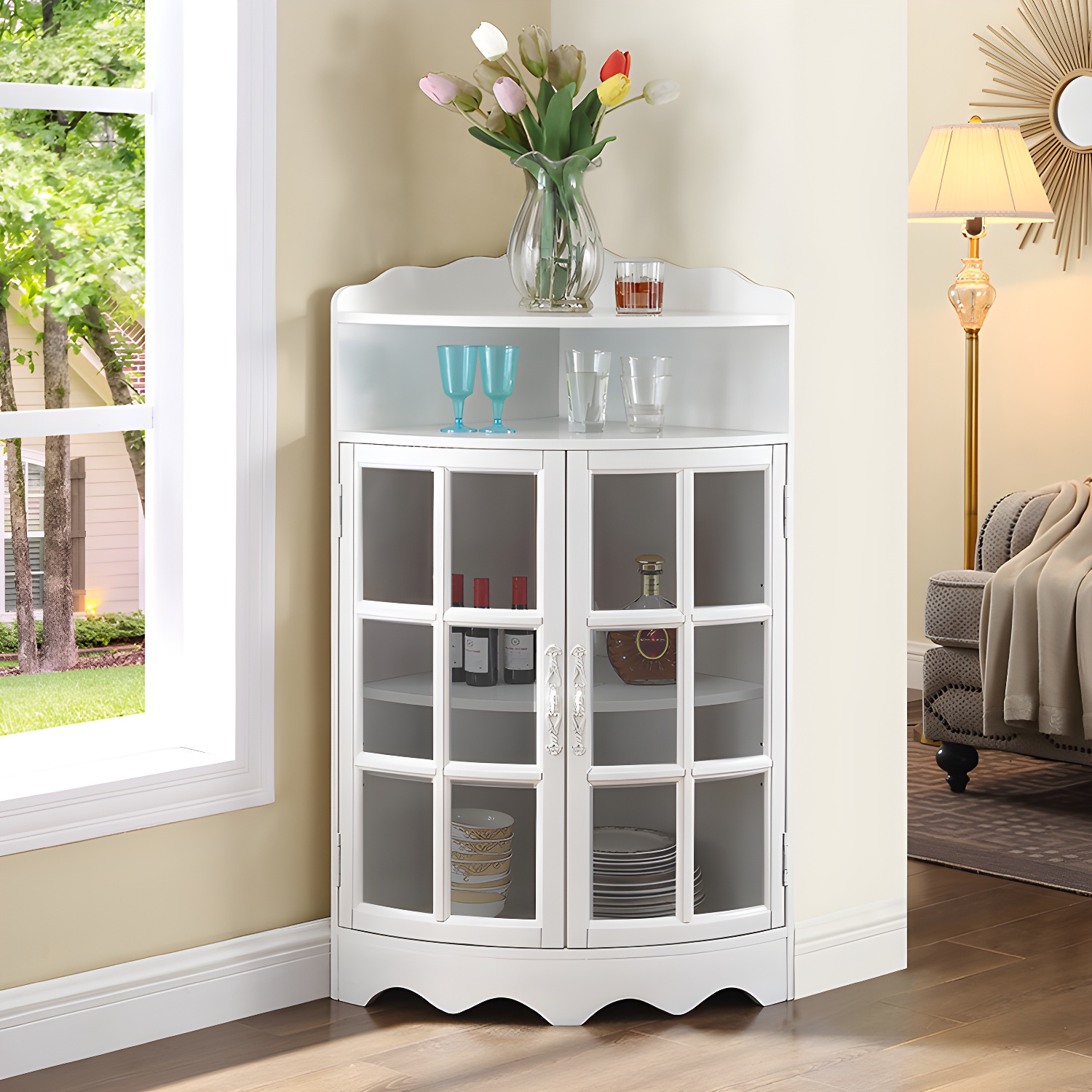 Corner Mid-Century Modern Accent Cabinet with Wood Countertop and Glass Doors - image 3