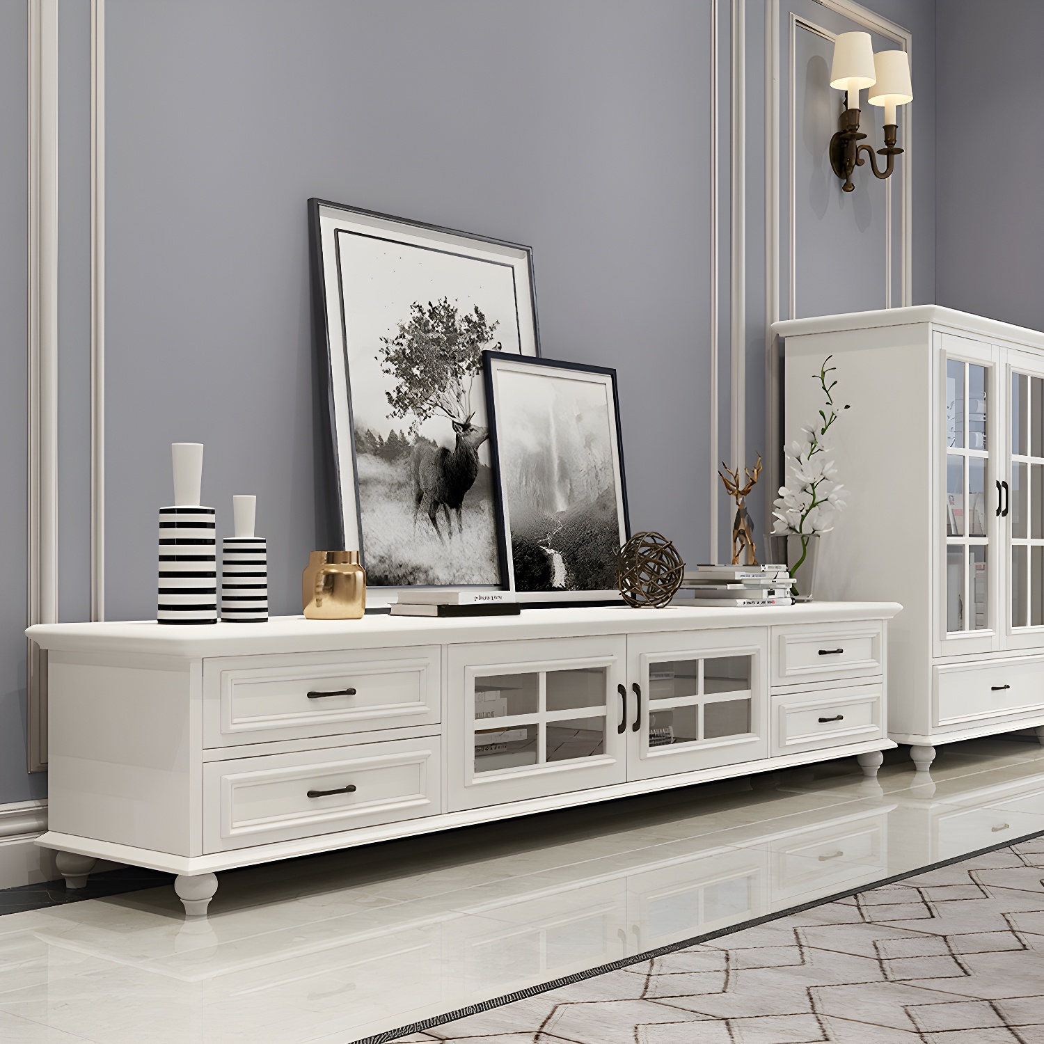 Modern Wood TV Stand with Drawers, Shelves, and Legs - Low Height - Cable Management - image 4