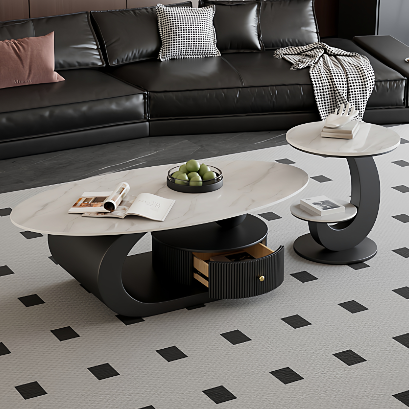 Modern Farmhouse Bunching/Single Coffee Table with Chalk Oval Slate Top, Plinth Base, and 1 Drawer - image 4