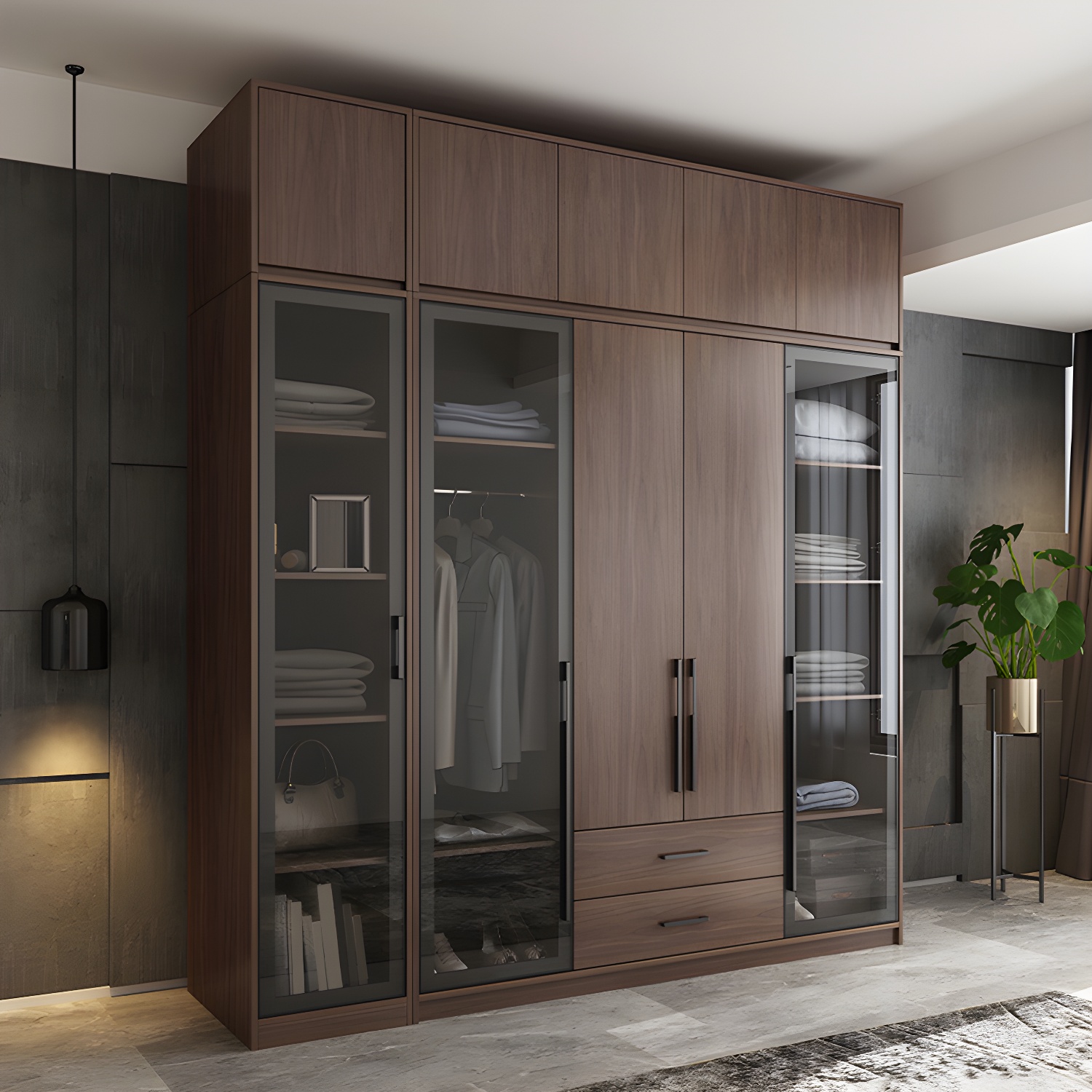 Brown Wood Wardrobe Armoire Modern Freestanding Wardrobe with Self Close Drawers