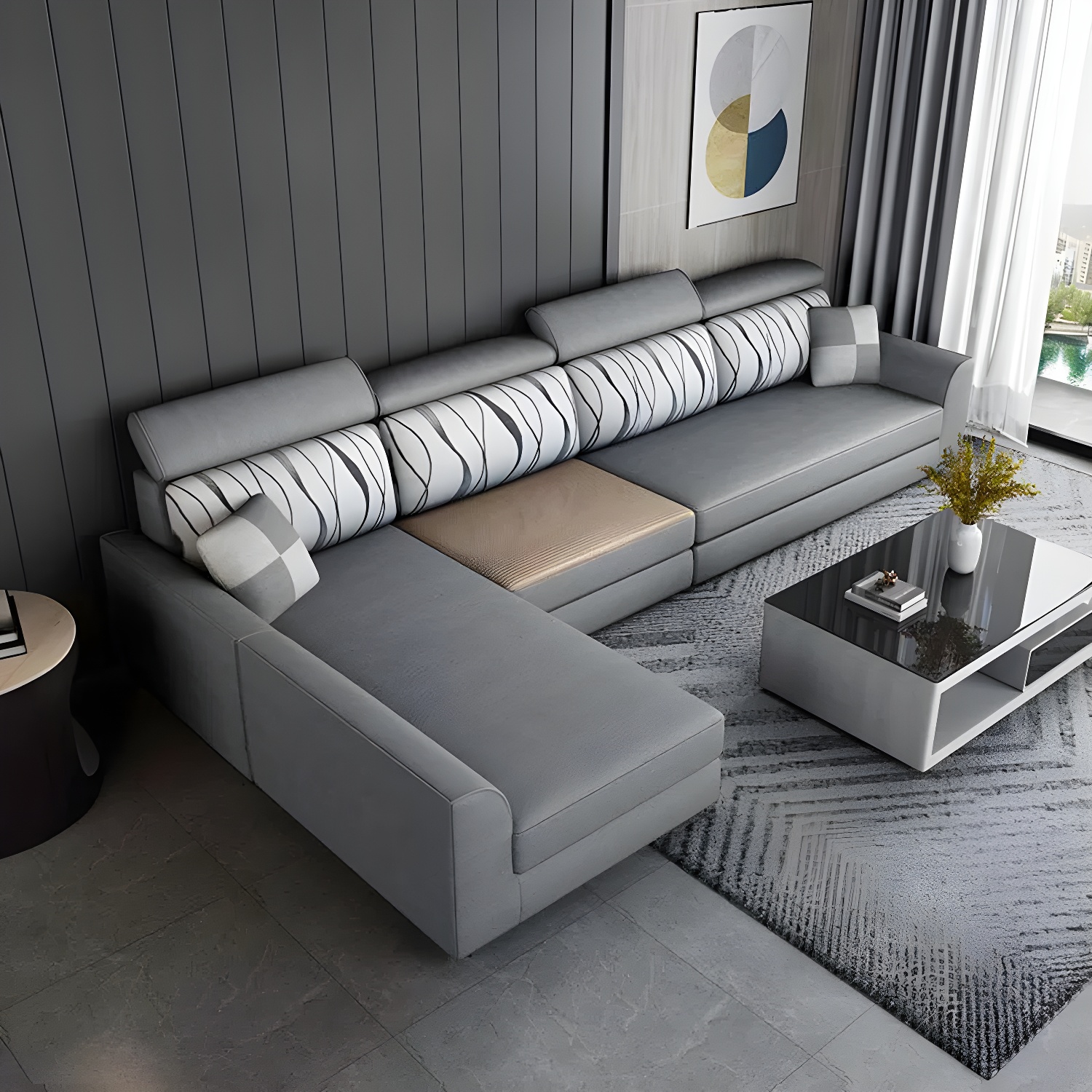 Modern L-Shape Reversible Wood Frame Sectional Sofa Chaise Set - image 14
