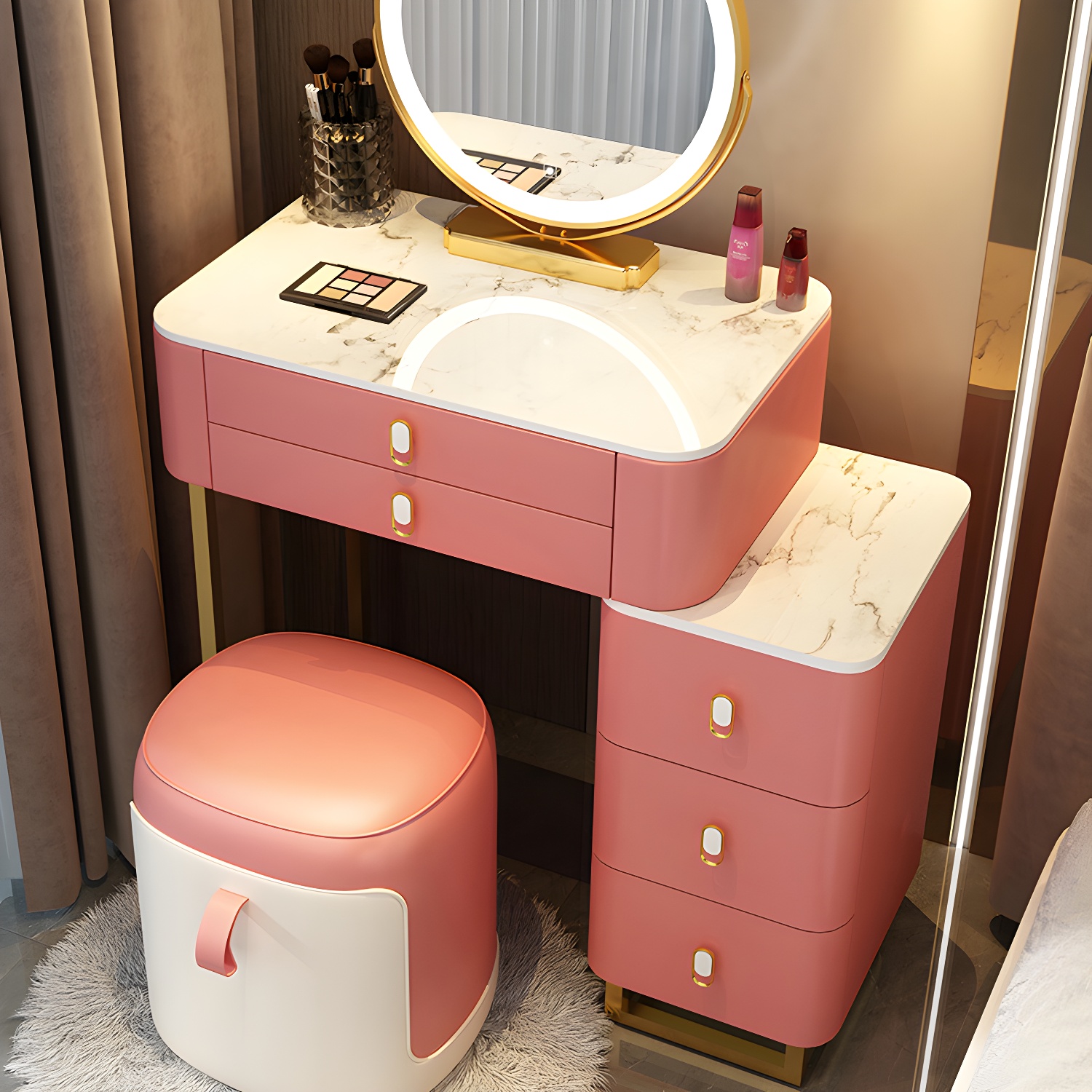Stone Top Vanity with Storage Drawers Makeup Vanity Desk with Stool and Mirror - image 17