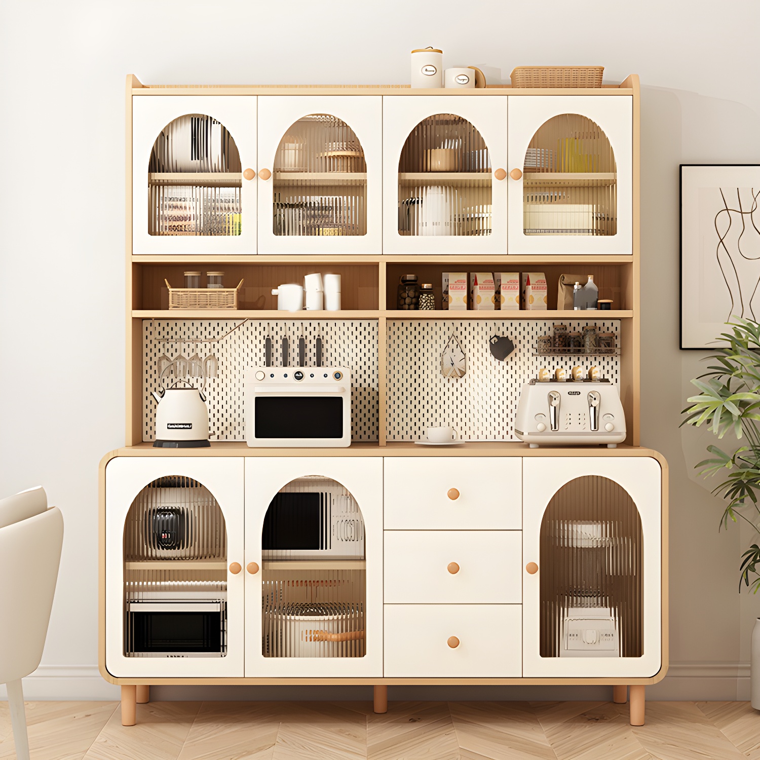Scandinavian Wood Buffet 3 Cabinet Doors with Glass Interior Shelves - image 4
