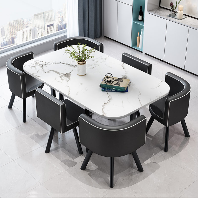 Rectangular Dining Table Set with Slate Stone Top, 4 Legs, Padded Chair, Back, 7 Piece Set in White
