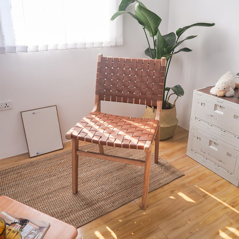 Modish Stable Genuine Leather/Rope/Faux Leather Woven Side Chair with Wood Framed Open Back and Natural Finish/Brown Base