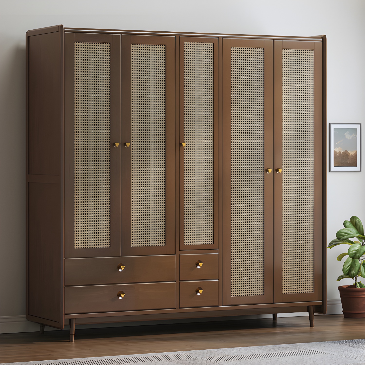 Rubberwood Solid Wood Frame Wardrobe Modern Rattan Hinged Doors with Legs - image 12