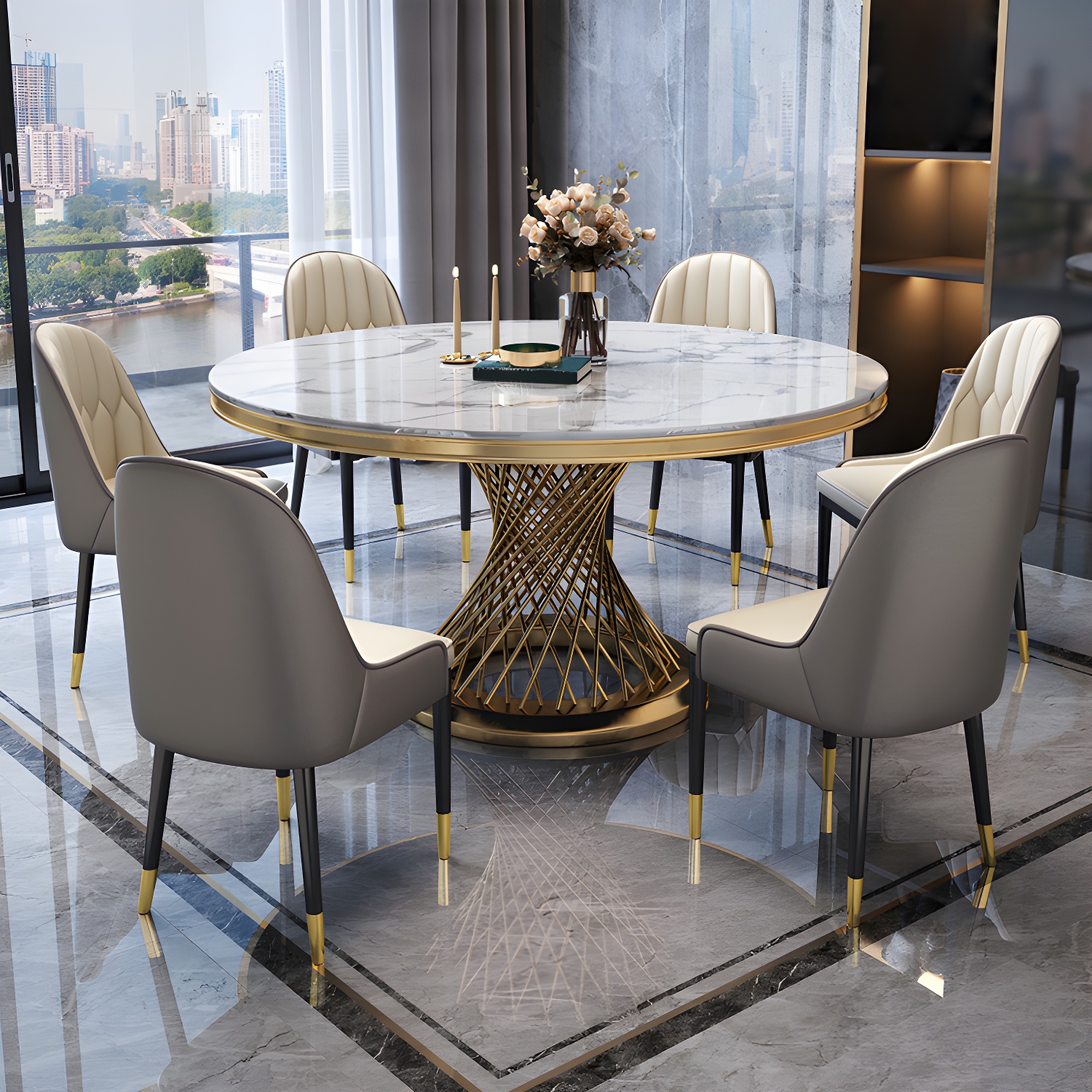 Glam Round Marble Dining Set with Gold Metal Pedestal Base - Fixed Table in White