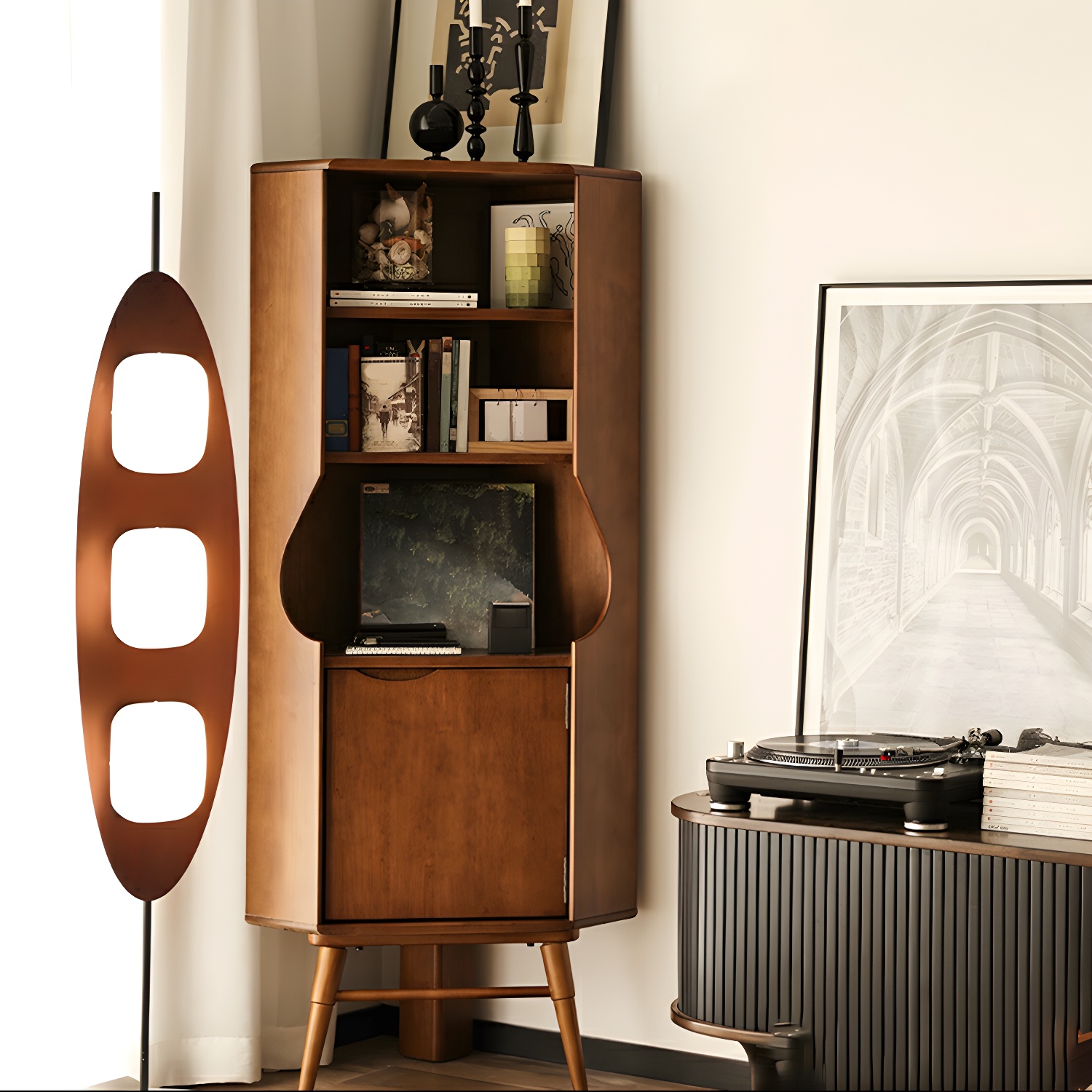 Corner Mid-Century Modern Accent Cabinet with Wood Countertop, Glass Doors, and 5 Shelves - image 3
