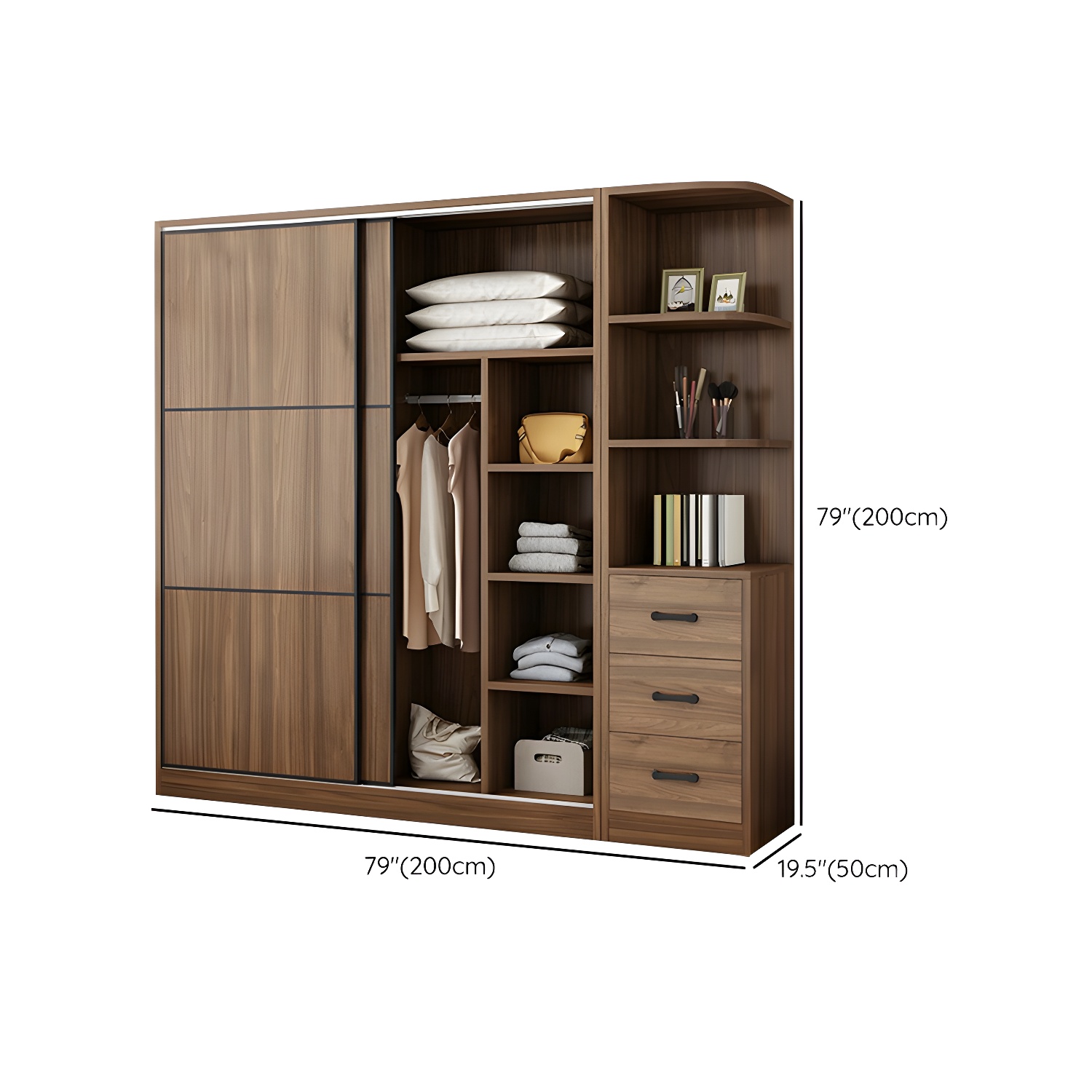 Non-Adjustable Traditional Brown Wood Wardrobe Armoire with Sliding Doors & Soft Close Drawers - image 24