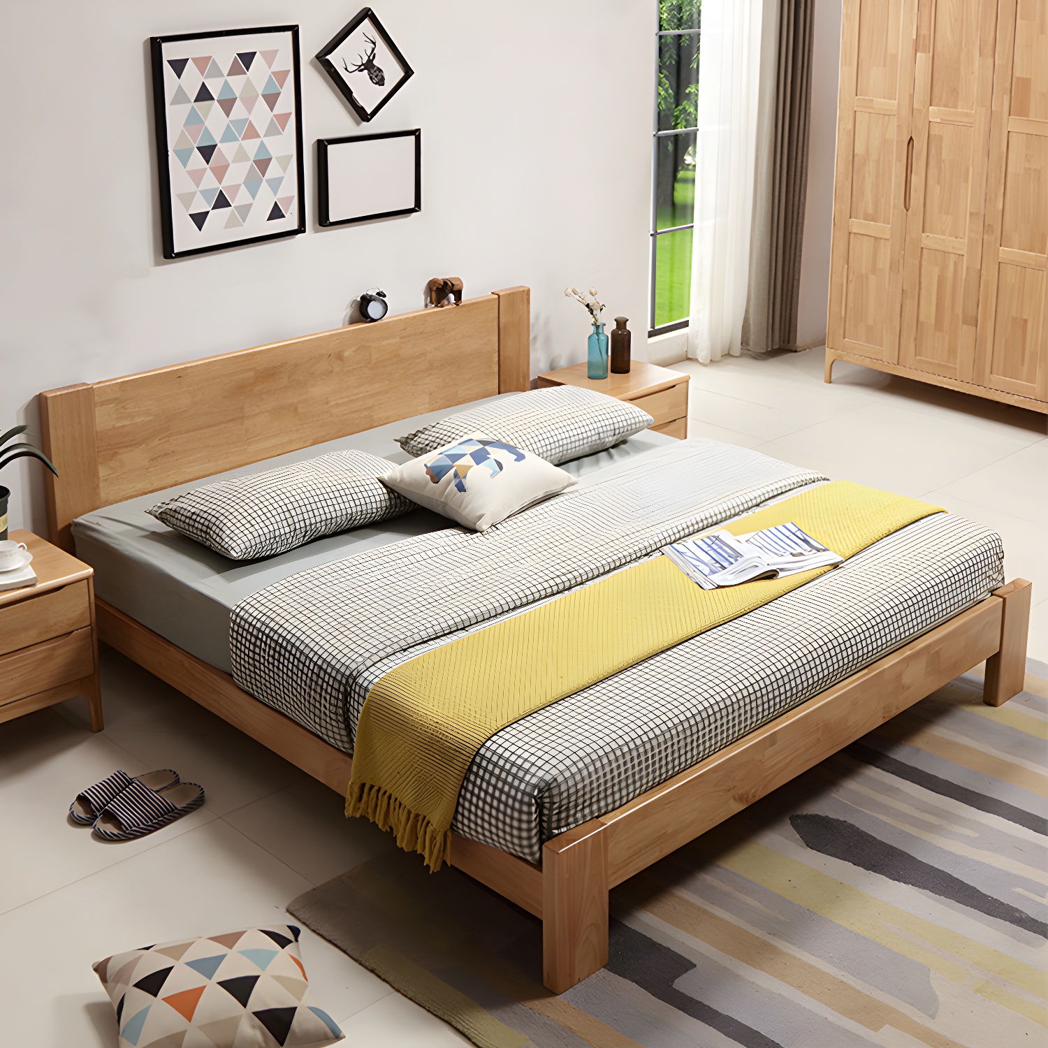 Modern Solid Color Panel Bed Rubberwood Standard Bed with Headboard - image 11