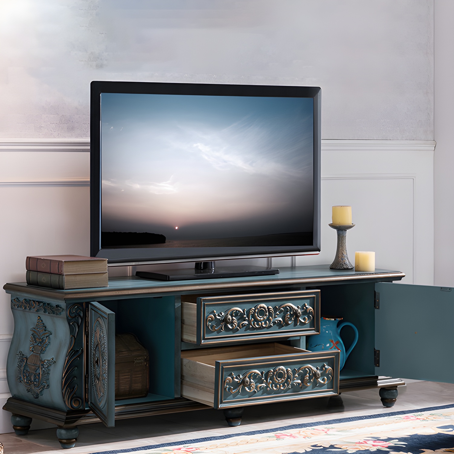 Traditional Rubberwood Media Console Matte Finish TV Media Stand with Drawers - image 14