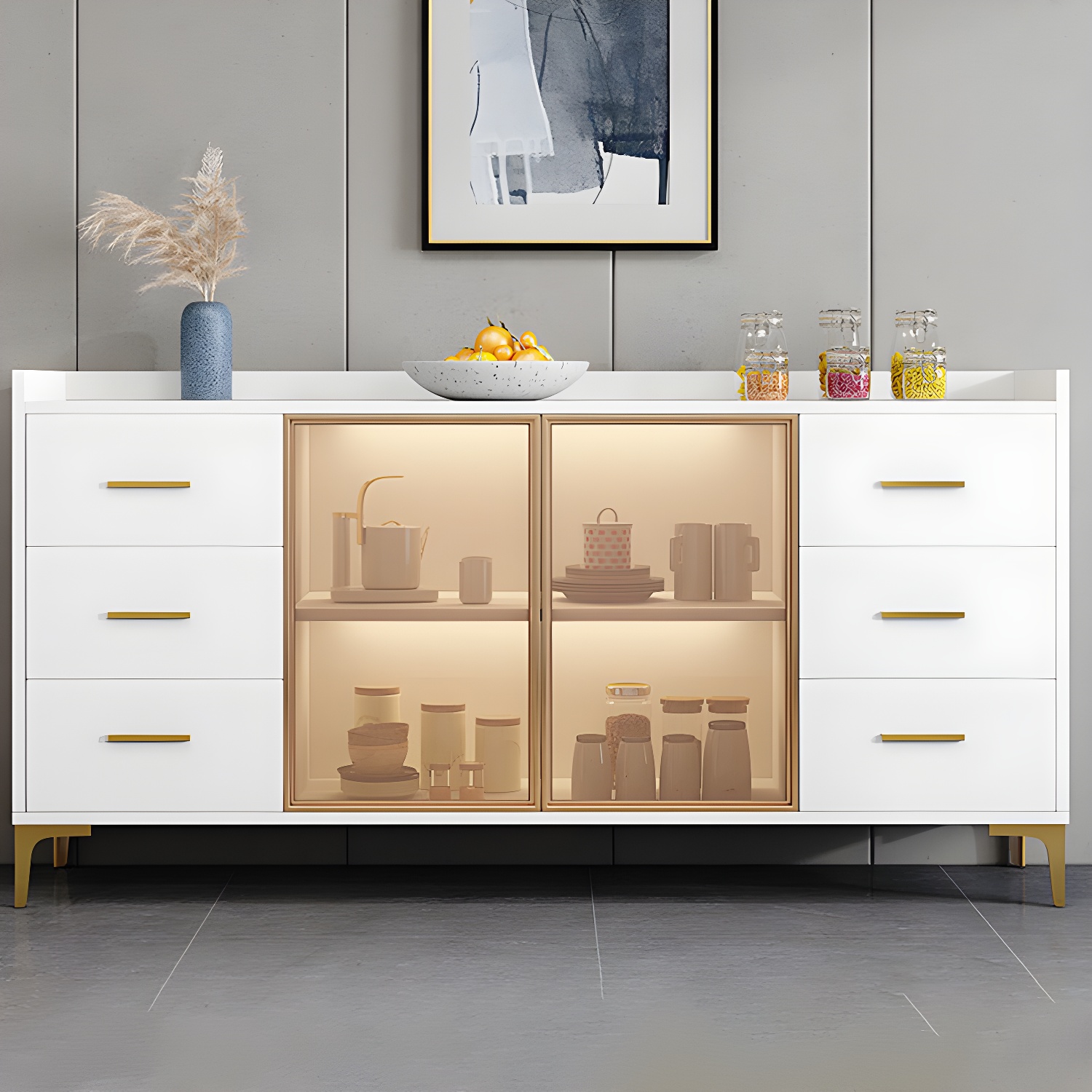 Wood Glass Doors Contemporary Style Buffet Sideboard with Cabinets and Drawers - image 16