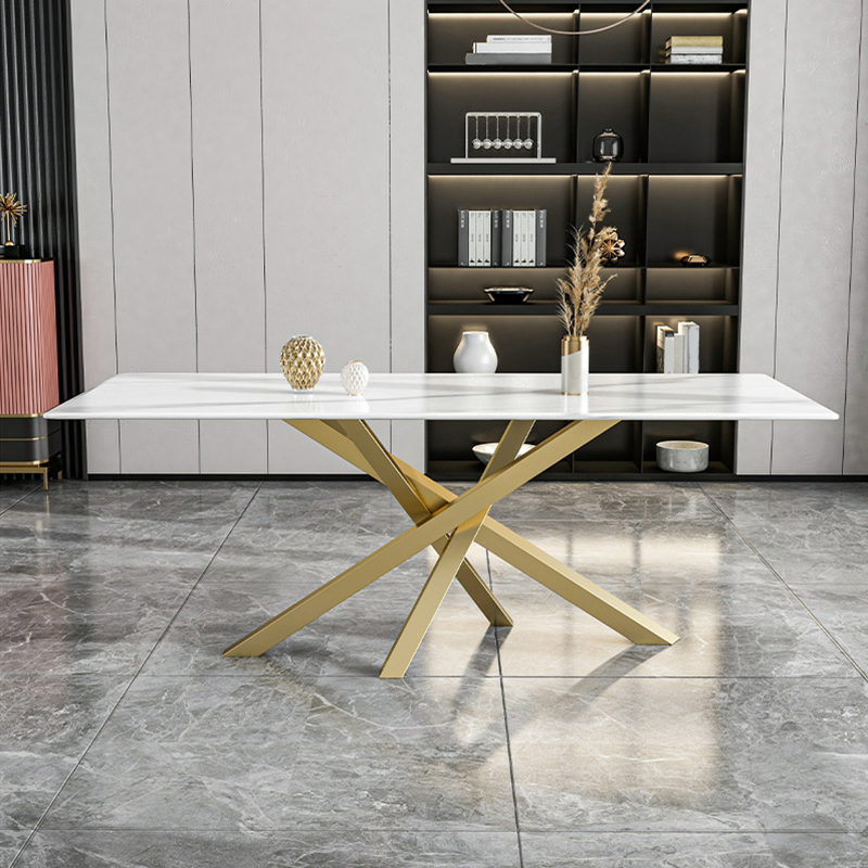 Art Deco Standard Table Height Rectangle Fixed Marble Top/Wood Dining Table with Golden Base for 8/4 People/6 People