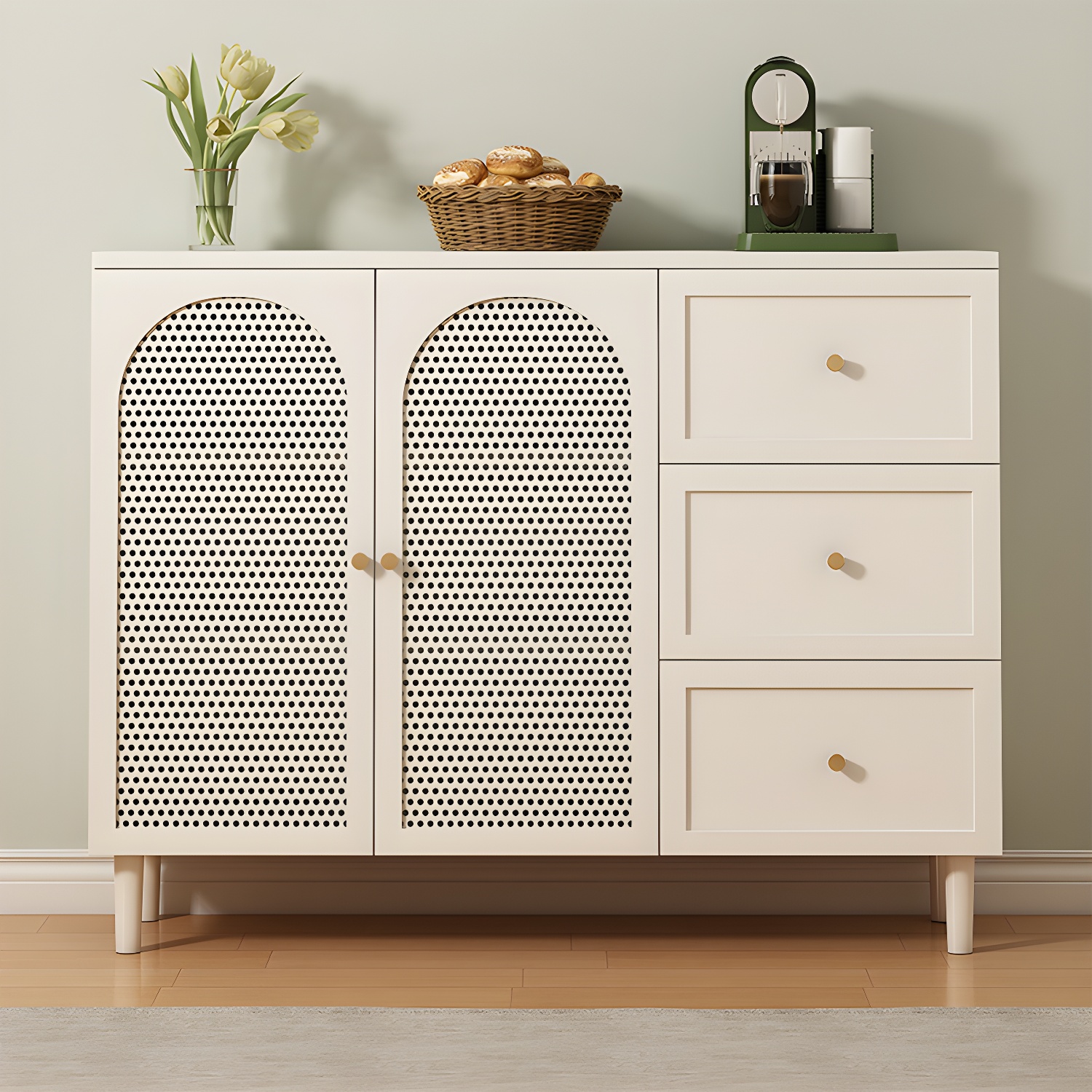 White Modern Wood Sideboard Credenza with Cabinets and Shelves Included - image 2