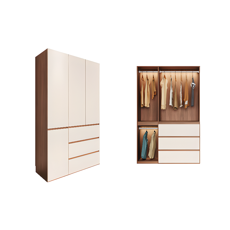 White Minimalist Manufactured Wood Wardrobe Closet with 3-Drawer, Soft Close Door, Interior Shelves, and Clothing Rod
