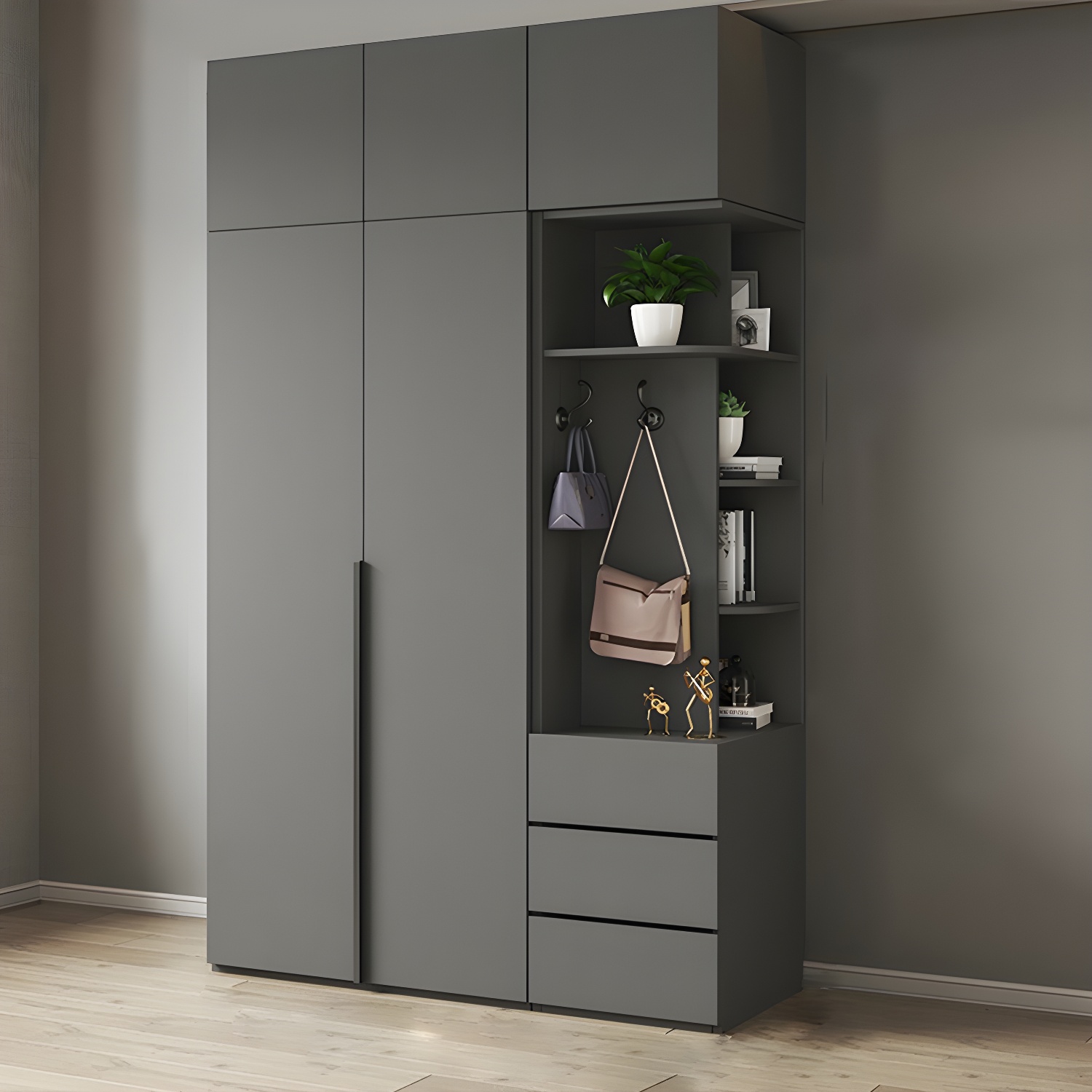 Modern Grey Wood Wardrobe Armoire with Drawers & Shelves for Ample Storage - image 4