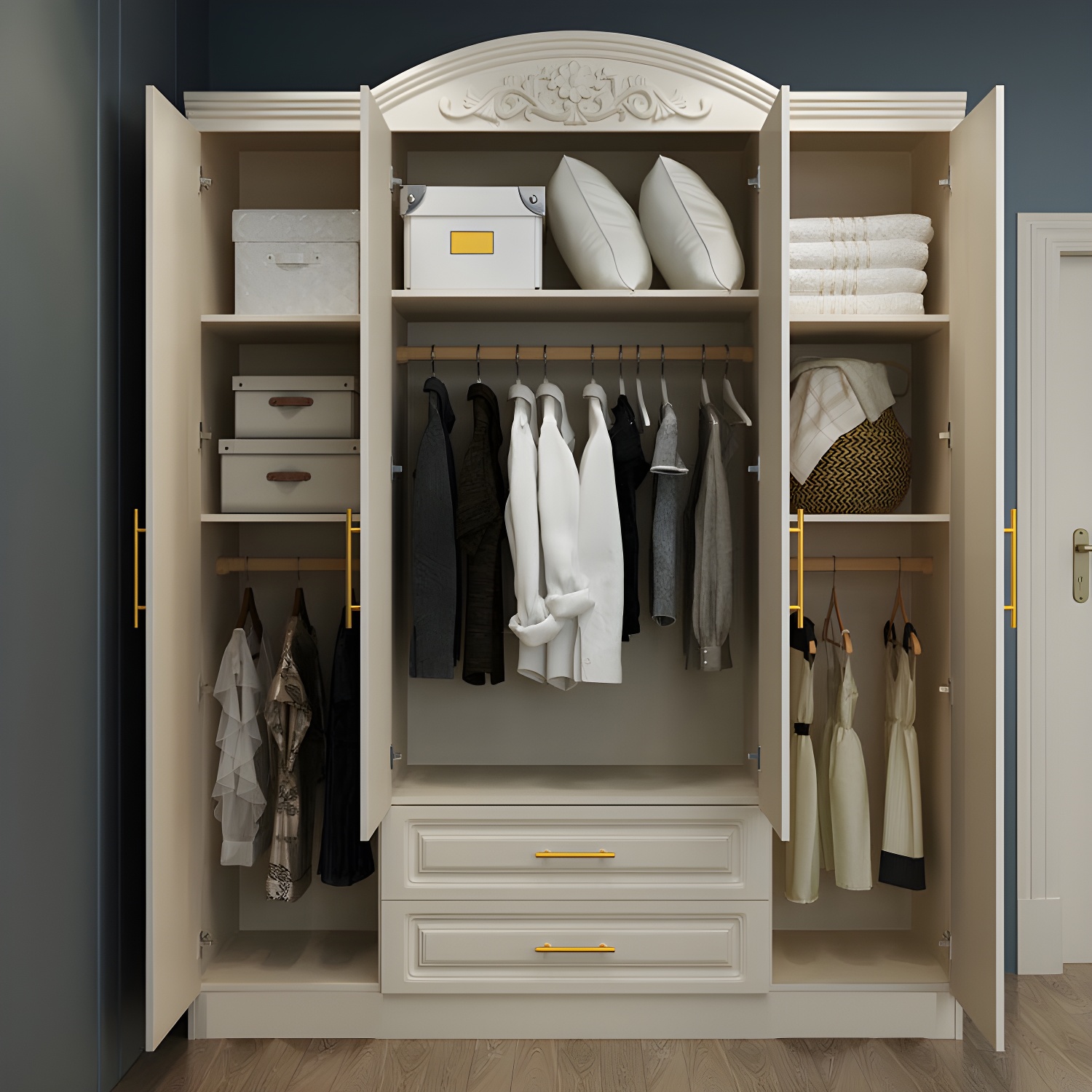 French Country Wardrobe Armoire Engineered Wood Wardrobe with Solid Wood Clothing Rod