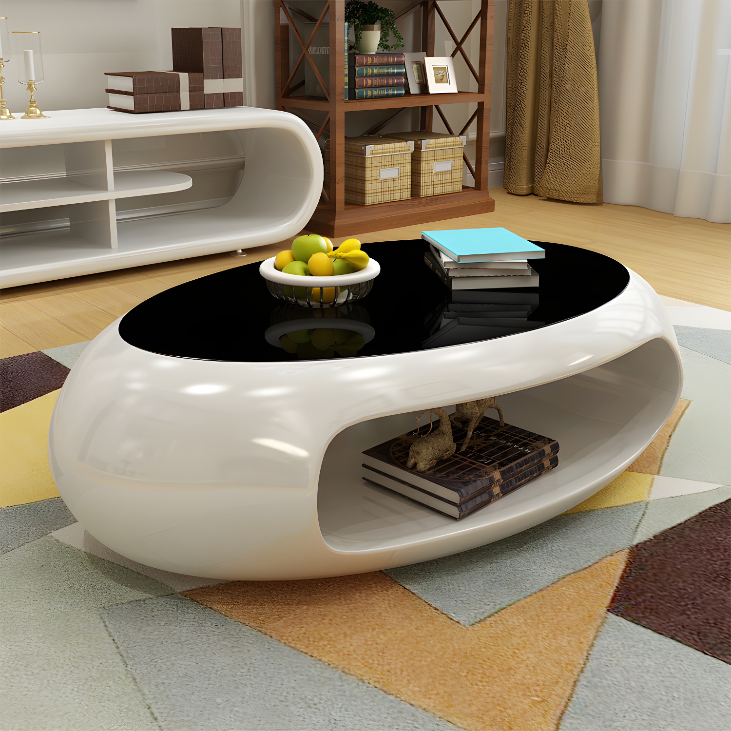 Modern Oval Coffee Table with Storage Shelf and Plastic Pedestal Base