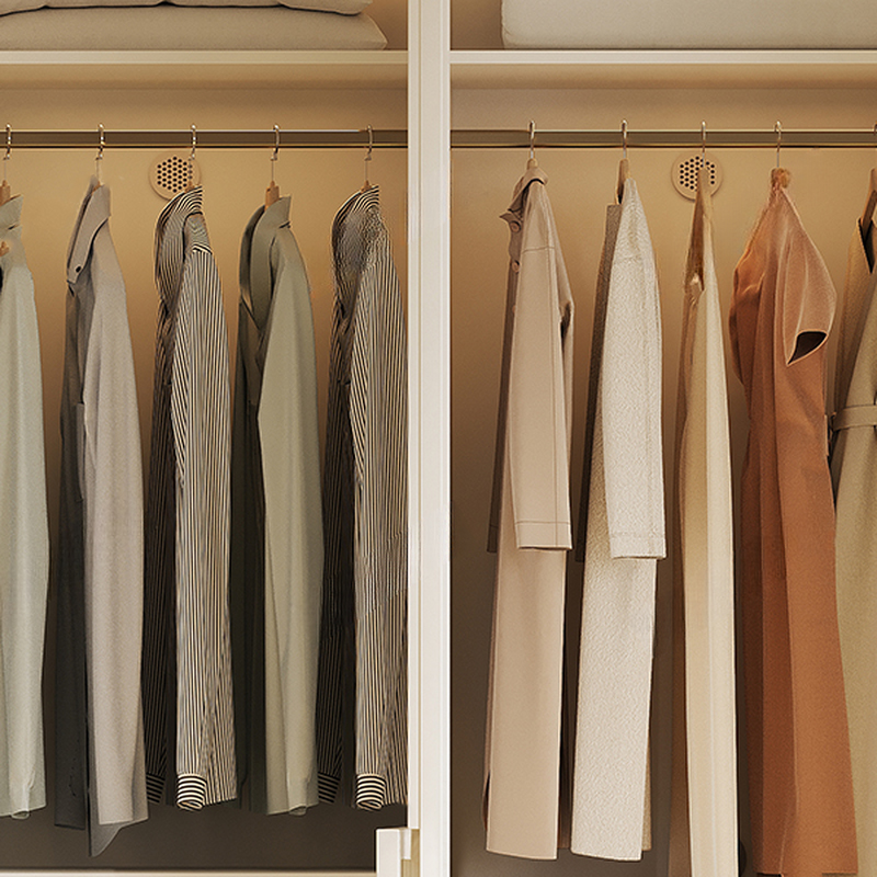 White Minimalist Manufactured Wood Wardrobe Closet with 2 Drawers, Soft Close Door, Interior Shelves, and Clothing Rod