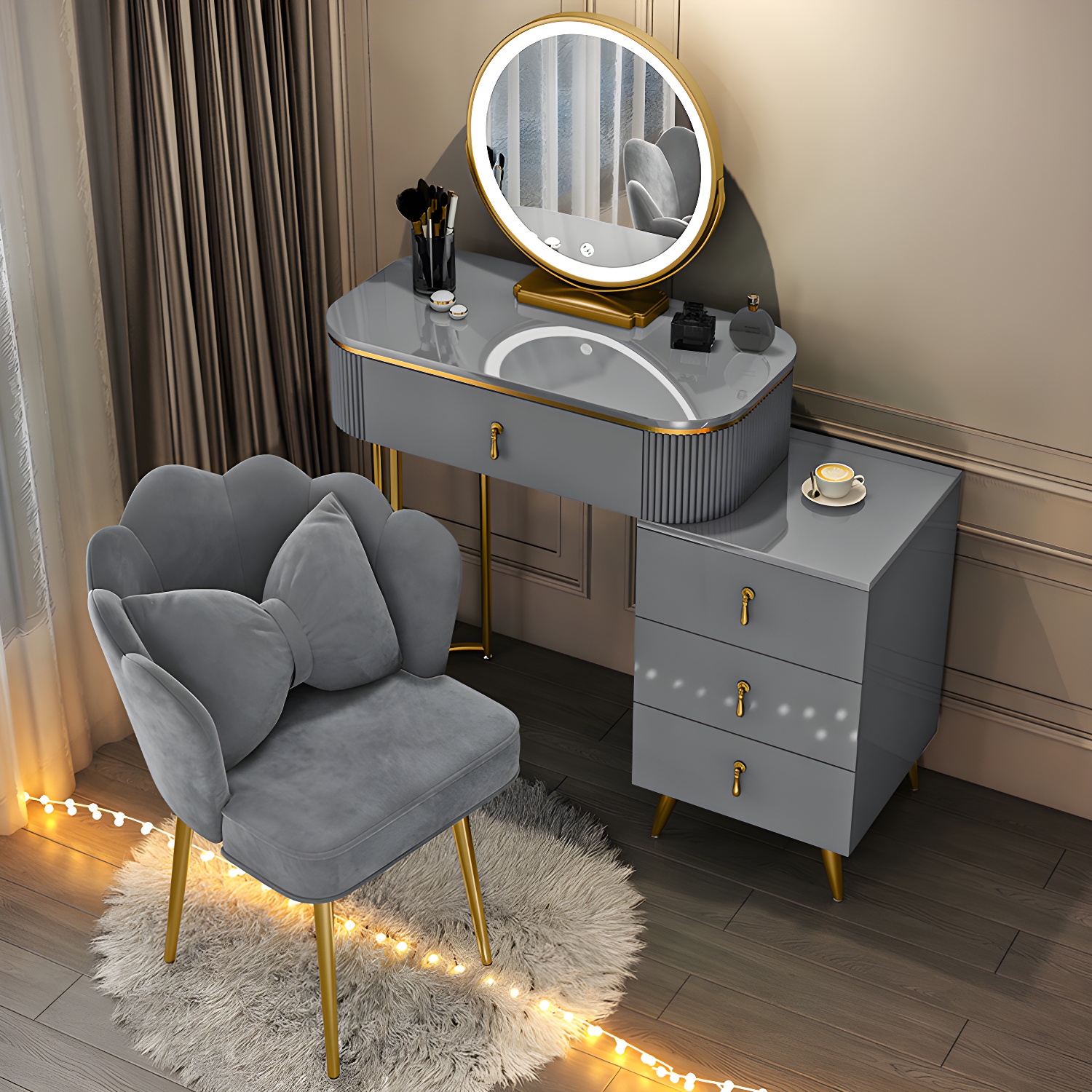 Gold Base Makeup Counter 15.74" Wide Vanity Tables with Storage Drawers