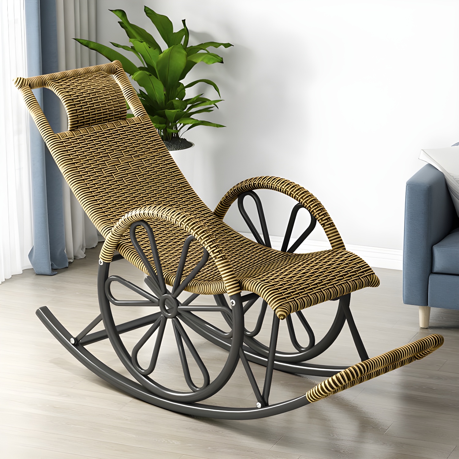 Rattan Modern Rocking Chair Woven Rope Rocker Chair in Black - image 3