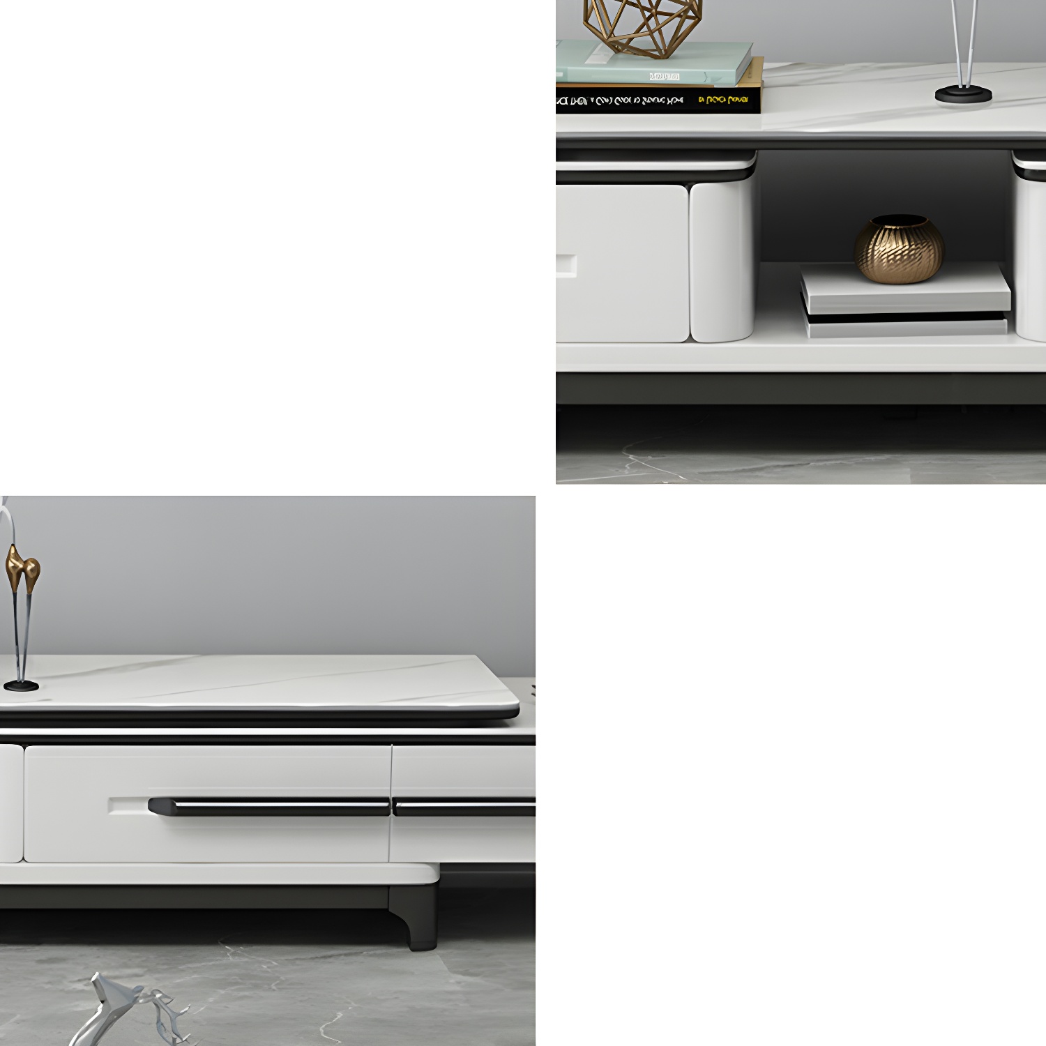 Modern Stone TV Stand with Long Length, Open Storage and Drawers featuring Wood Shelves - image 11