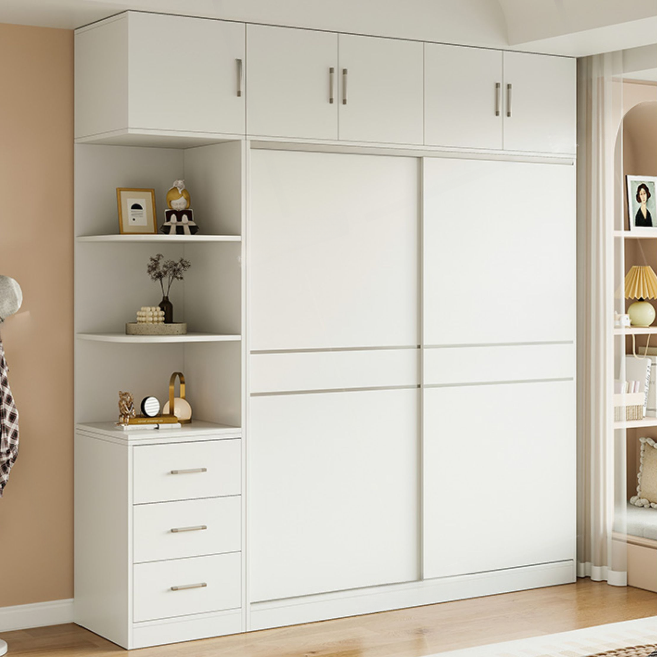 White Modish Manufactured Wood Independent Cabinet Armoire with Soft Close Drawer and Door, Interior Shelves - image 3