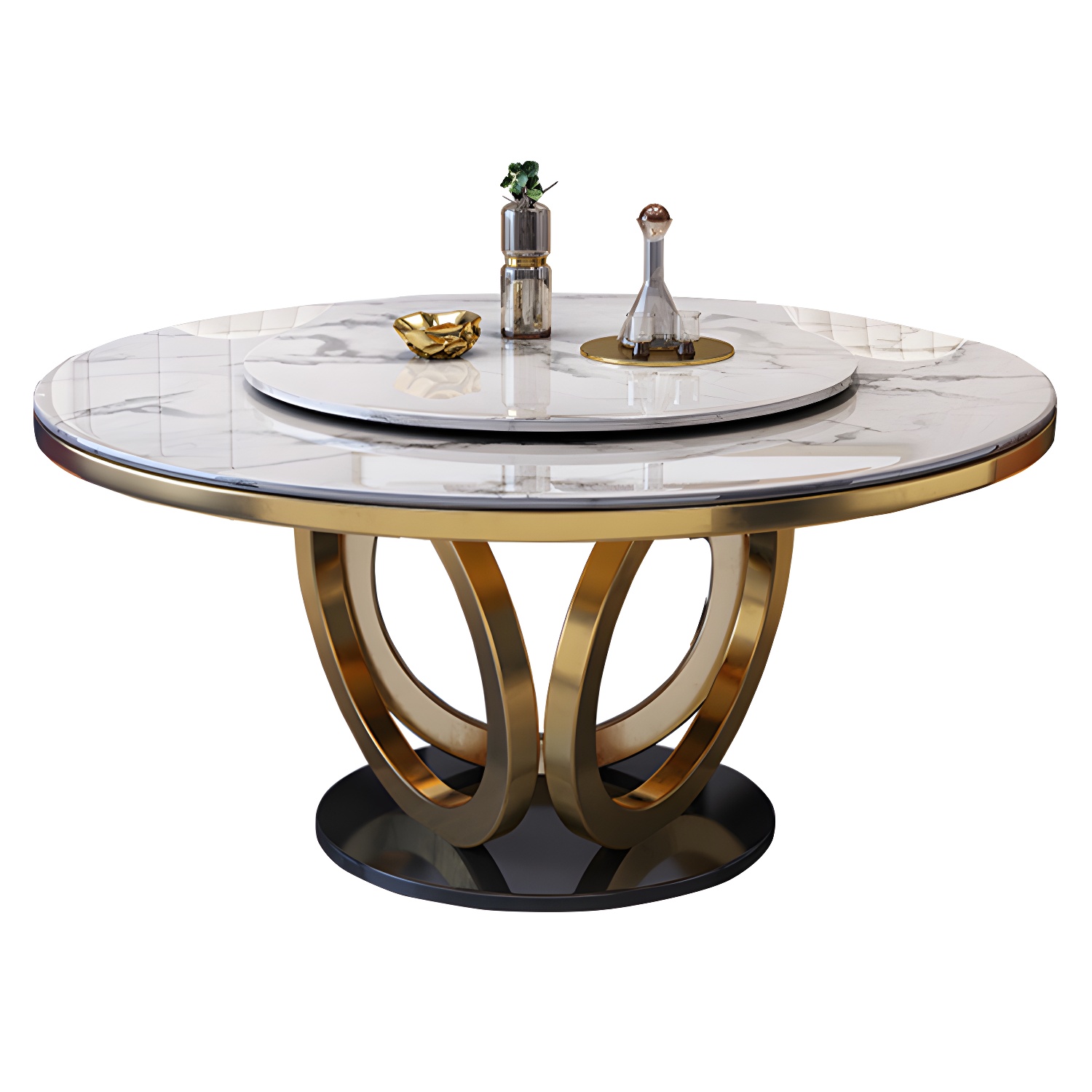 Glamorous Round Marble Dining Set with Gold Metal Pedestal Base and Upholstered White Chairs - image 8