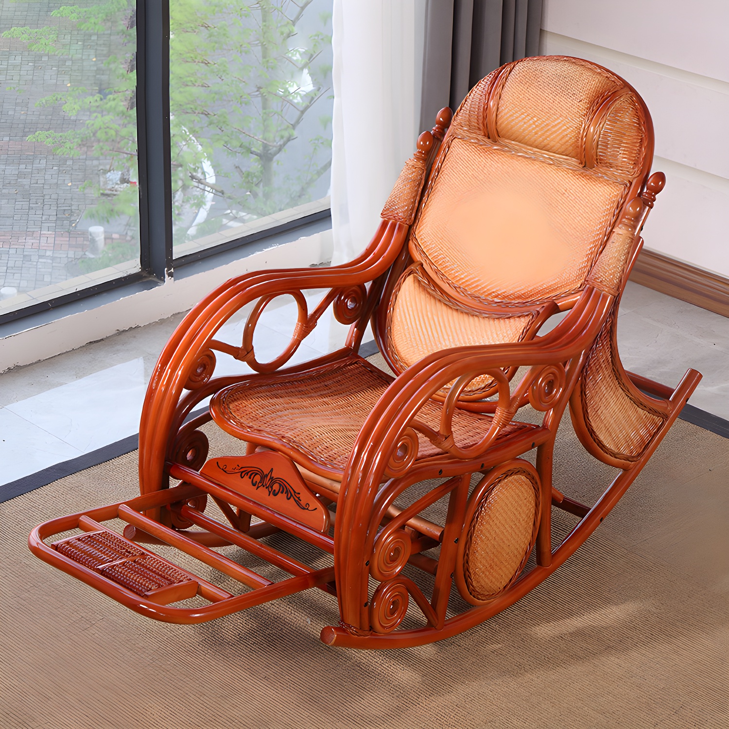 Traditional Rocking Chair Rattan Solid Color Spindle Backrest Indoor Rocking Chair - image 5