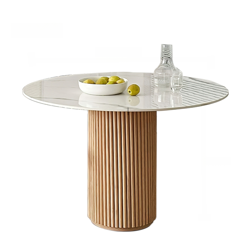 Fixed Rounded Dining Table for 4/2 People/Seats 6 with Ribbed Leg and a Slate/Wooden Tabletop in Natural/Chalk in a Nordic Style