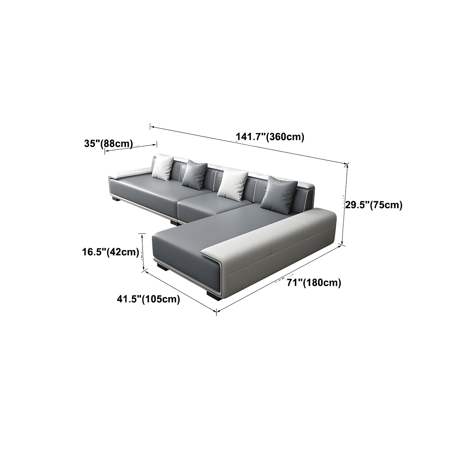 Faux Leather Sofa & Chaise with Pillows Modern U Sofa in Gray - 29.53" H - image 28
